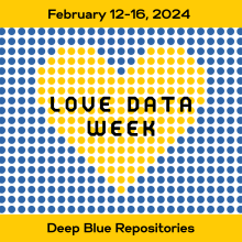 Dot-matrix-style graphic of a yellow heart on a blue background. Text at top reads: February 12-16, 2024. In heart, text reads: Love Data Week. Text at bottom reads: Deep Blue Repositories.