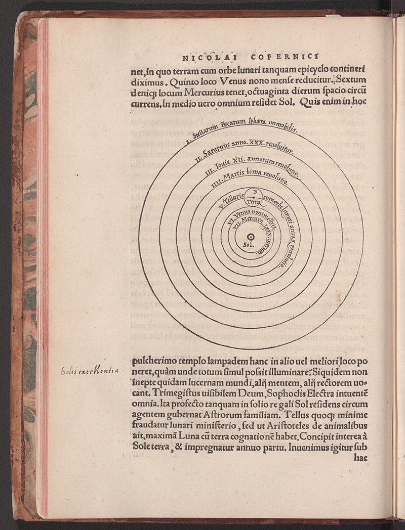 page from open book with black printed text and diagram of concentric circles placing sun at center