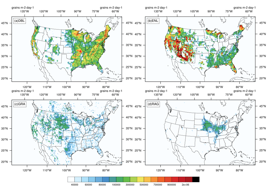 Four U.S. heat maps showing average historical pollen emission from different types of plants.