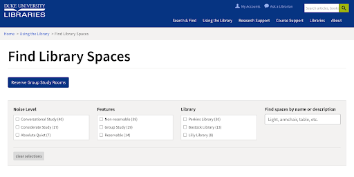 Duke University  library study spaces website