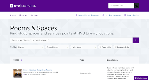 NYU library study spaces website