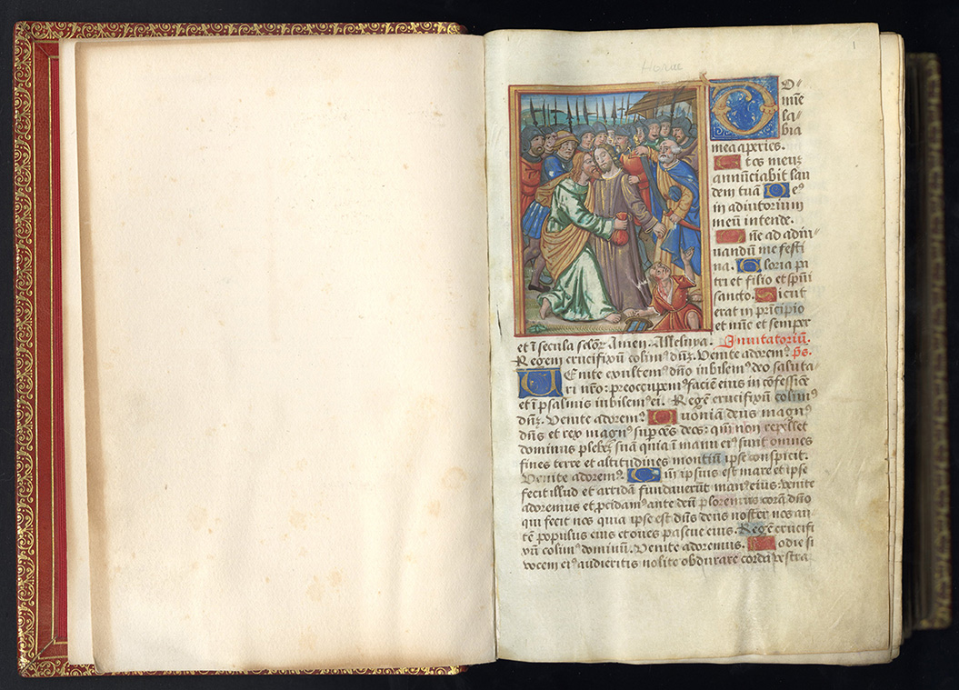 Miniature by Jean Coene IV, "Betrayal of Christ", in the opening of the Little Office of the Passion, f. 1. Book of Hours & Psalter. Parchment manuscript, 256 folios. Paris, ca. 1505-1515.
