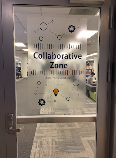Photo of glass door with the sign "Collaborative Zone"