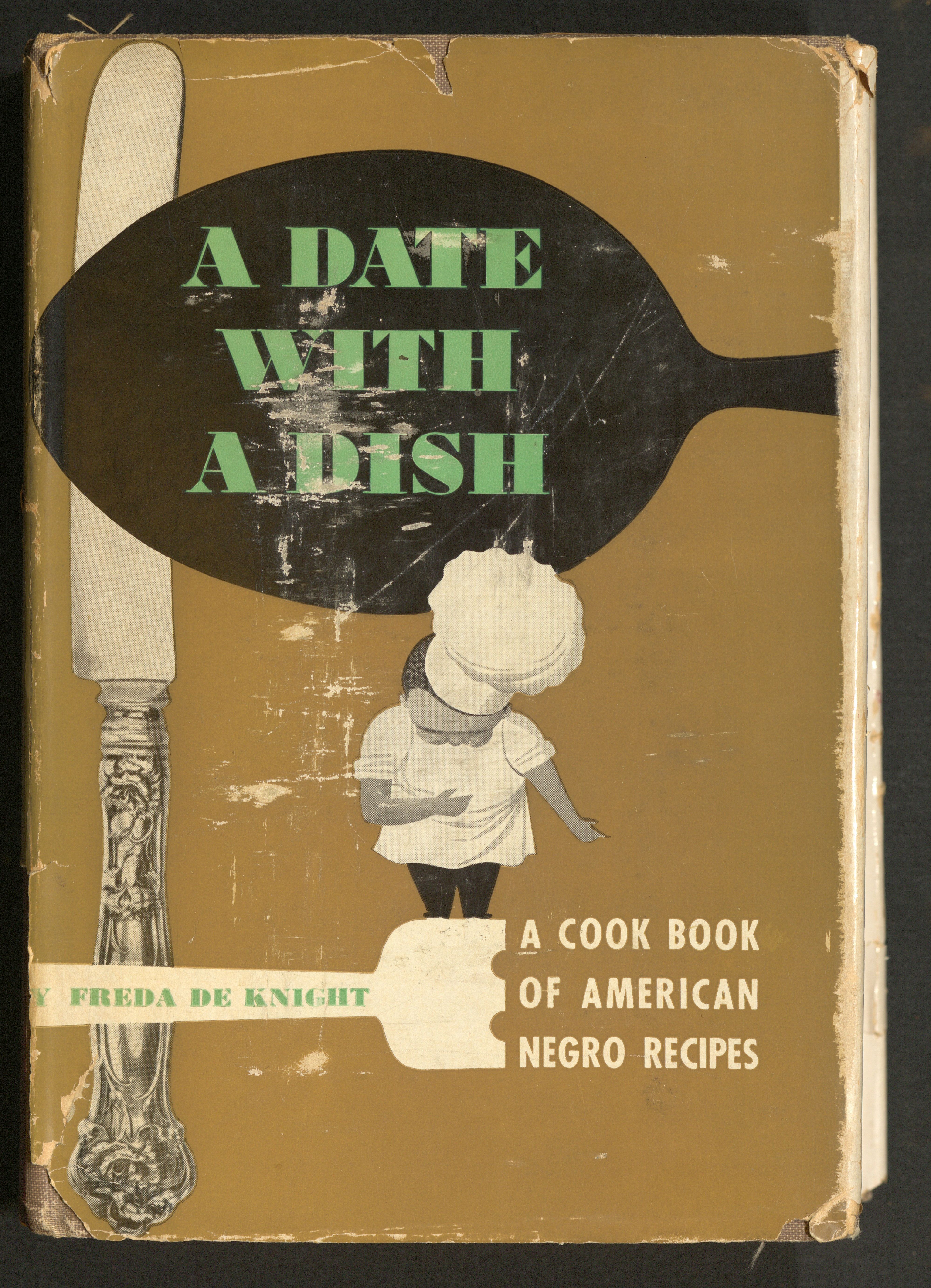 Dustjacket with book title "A Date with a Dish" in vibrant green print over the silhouette of an oversize black spoon, with a small figure in a chef's hat bowing towards the viewer below. 