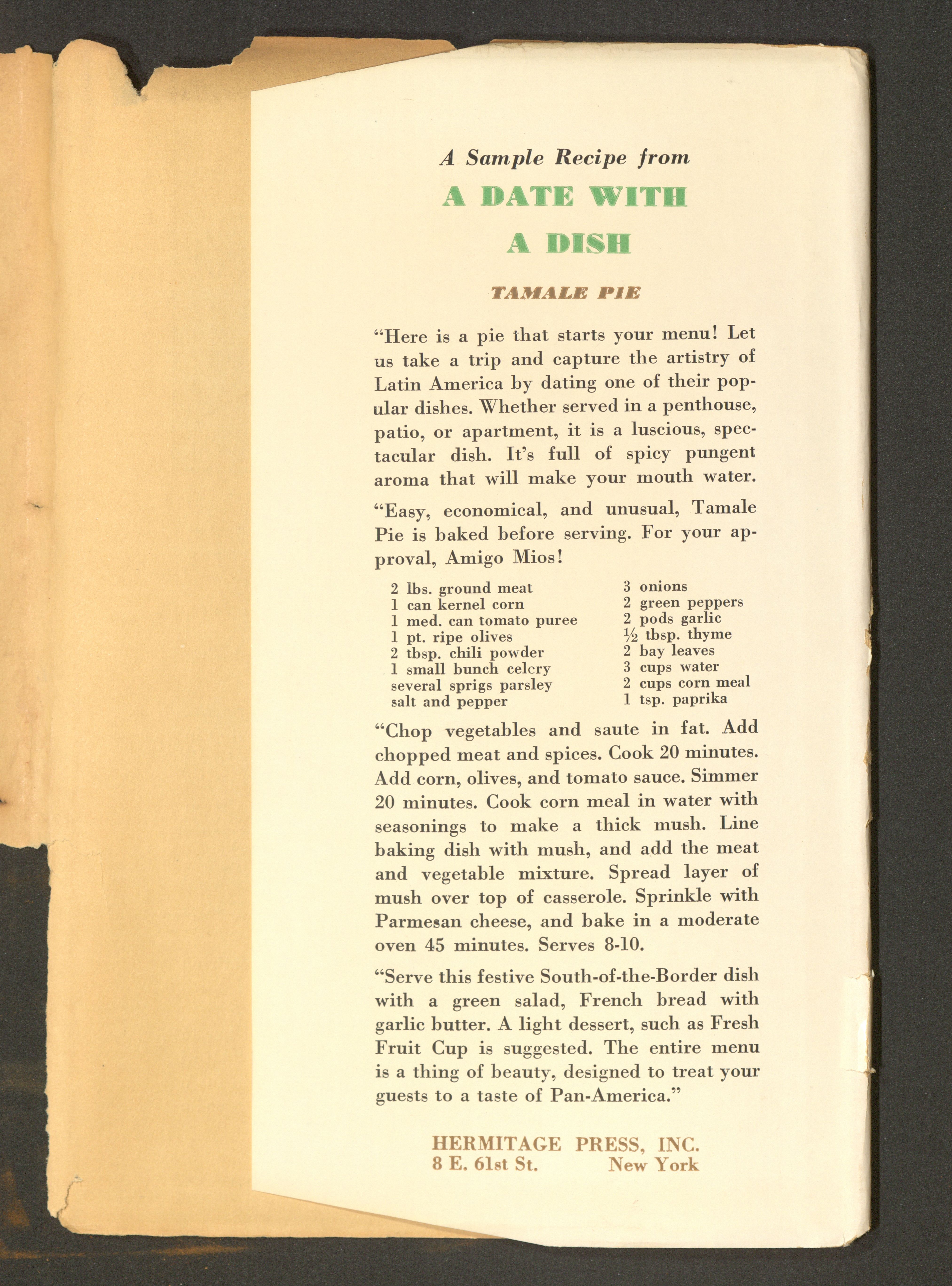 Dustjacket flap showing a sample recipe from A Date with a Dish for Tamale Pie