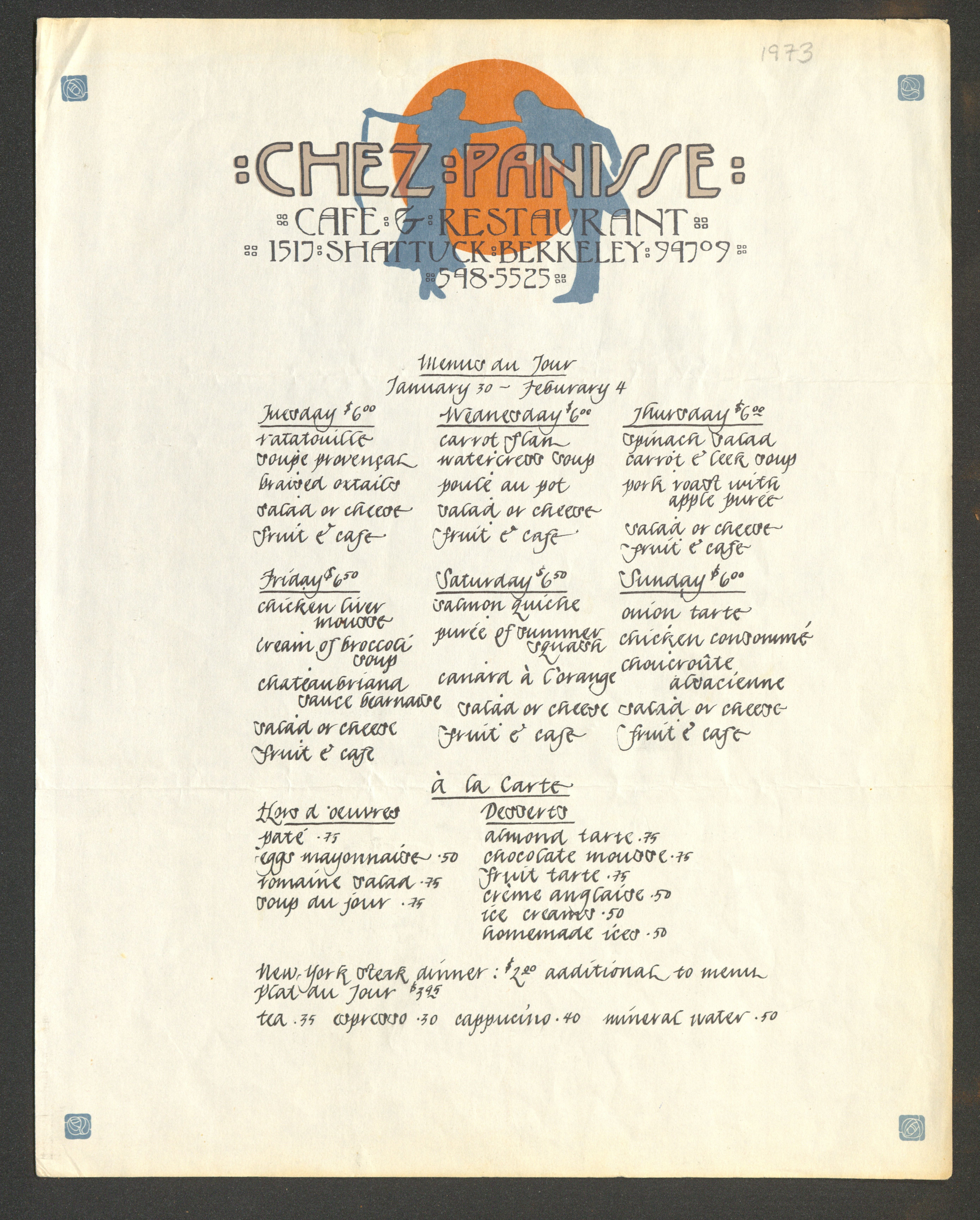 Handwritten menu on cream paper with "Chez Panisse" at the top over a silhouette of two people dancing in front of an orange moon. 