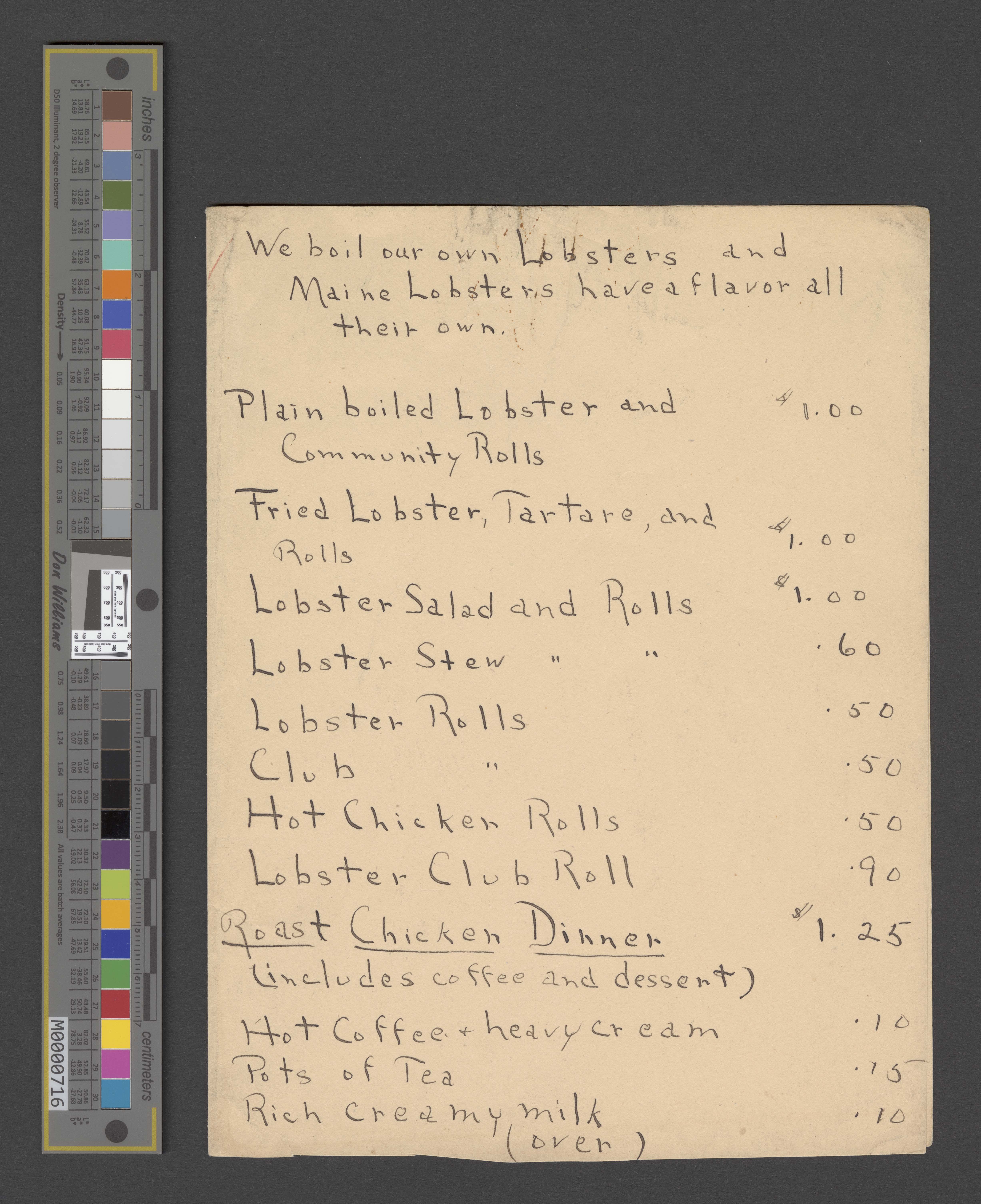 Handwritten menu for boiled lobster, fried lobster, lobster salad, lobster stew, lobster rolls, as well as a chicken dinner option, coffee, and tea