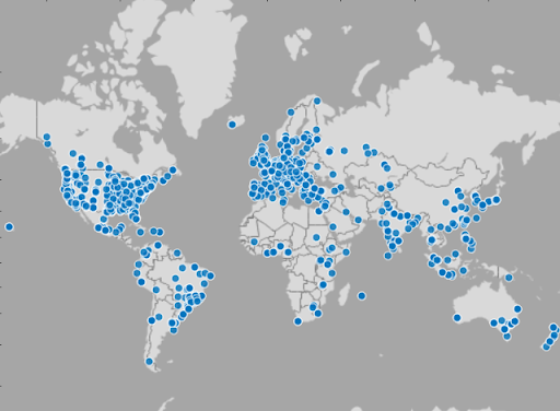 World map with dots noting the location of survey responses.