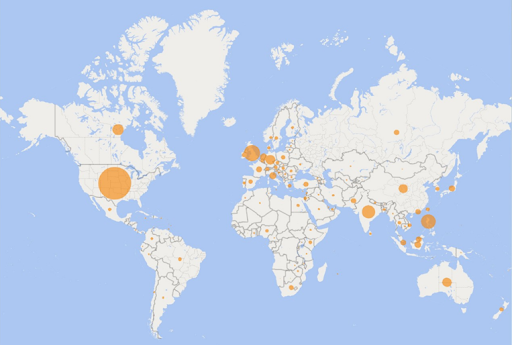 World map with dots of different sizes in countries where open access content is used.