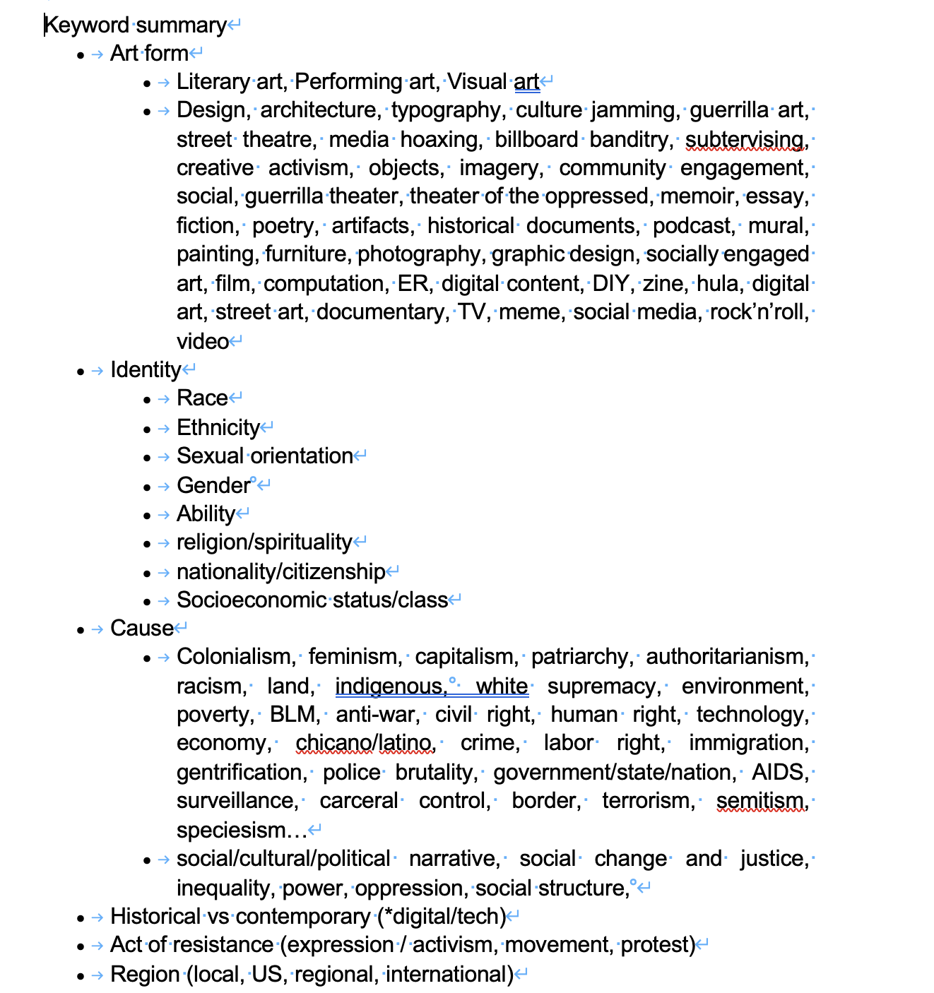Screenshot of the Word document that contains many keywords from the course descriptions