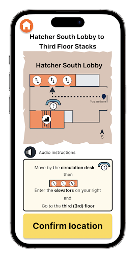 Hatcher South Lobby to Third Floor Stacks direction screen with visual, auditory, and written instructions.