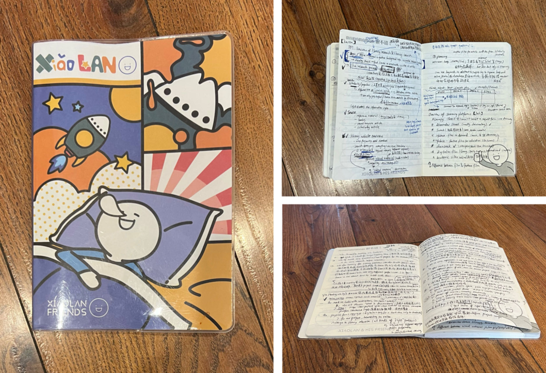 A picture of the author's blue notebook cover with a cartoon figure lying on bed and two pictures of the notebook's inner pages filled with notes