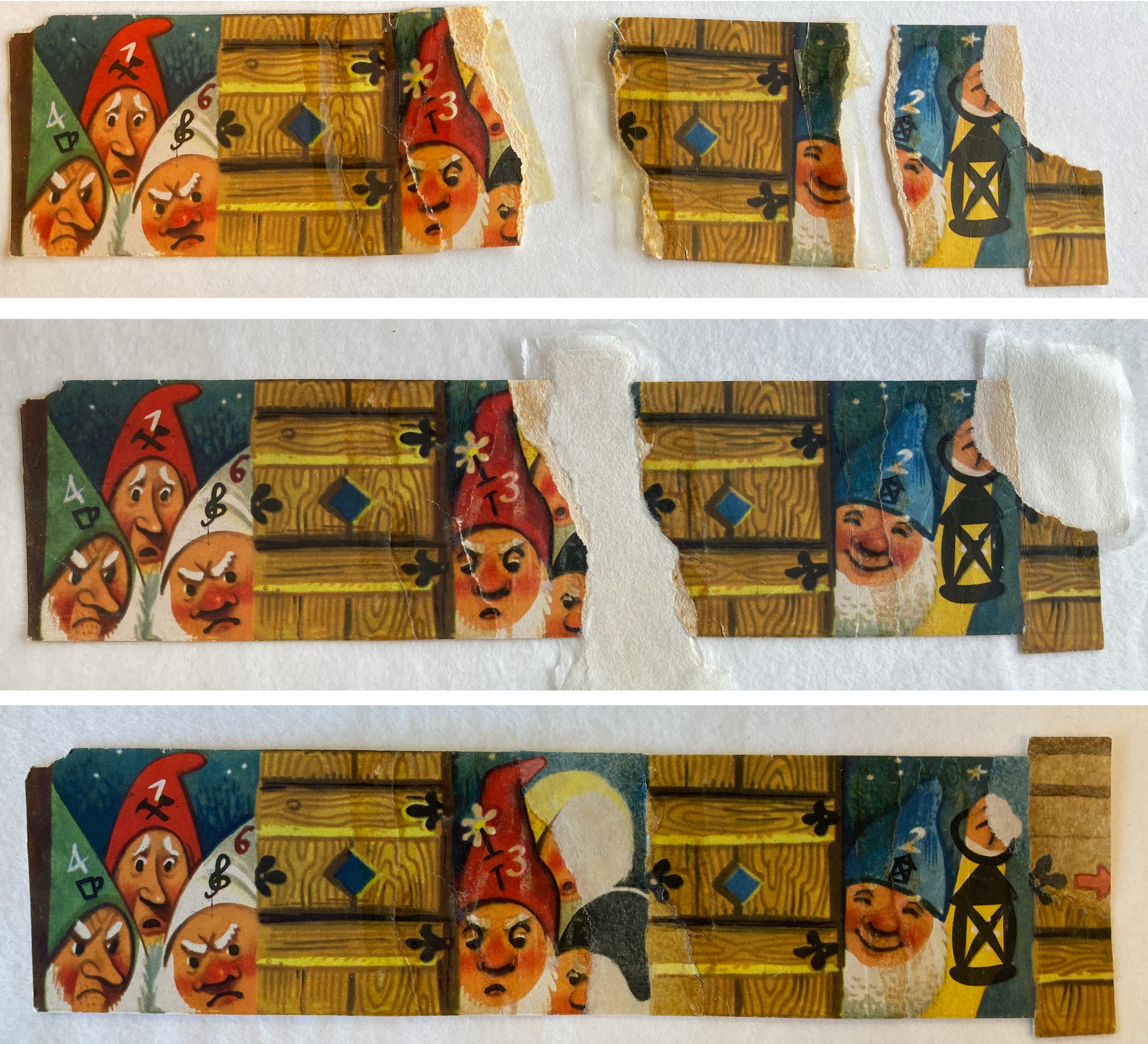 parts of a pop up book with images of dwarves in peaked caps, in different stages of repair