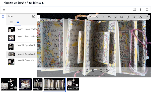 The Mirador viewer in single image mode with the sidebar index listing and image tools opened and thumbnails displayed across the bottom. The item featured is Heaven on Earth by Paul Johnson in the Artists’ Books collection.
