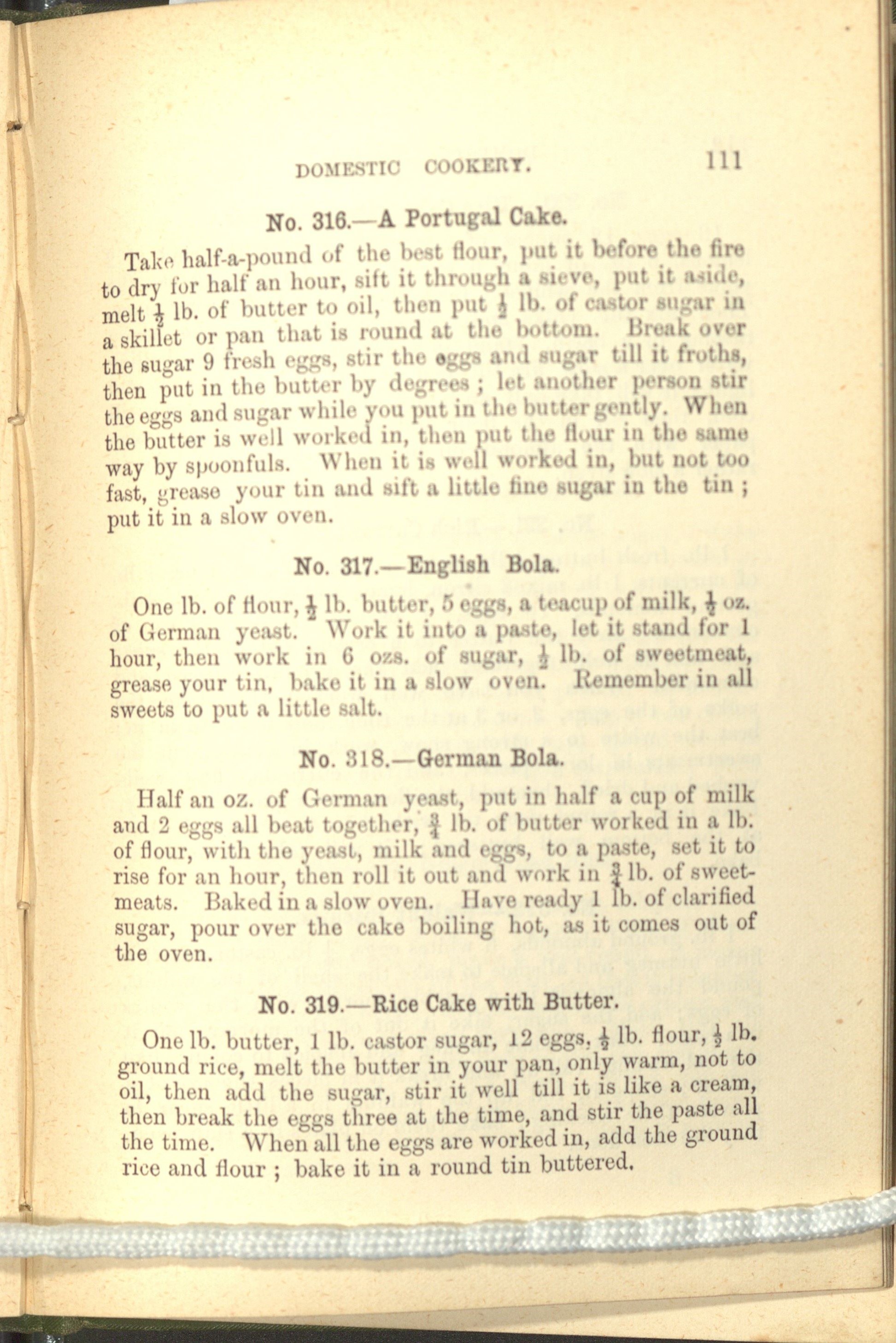 Page of the cookbook containing short, paragraph-form recipes for A Portugal Cake, English Bola, German Bola, and Rice Cake with Butter