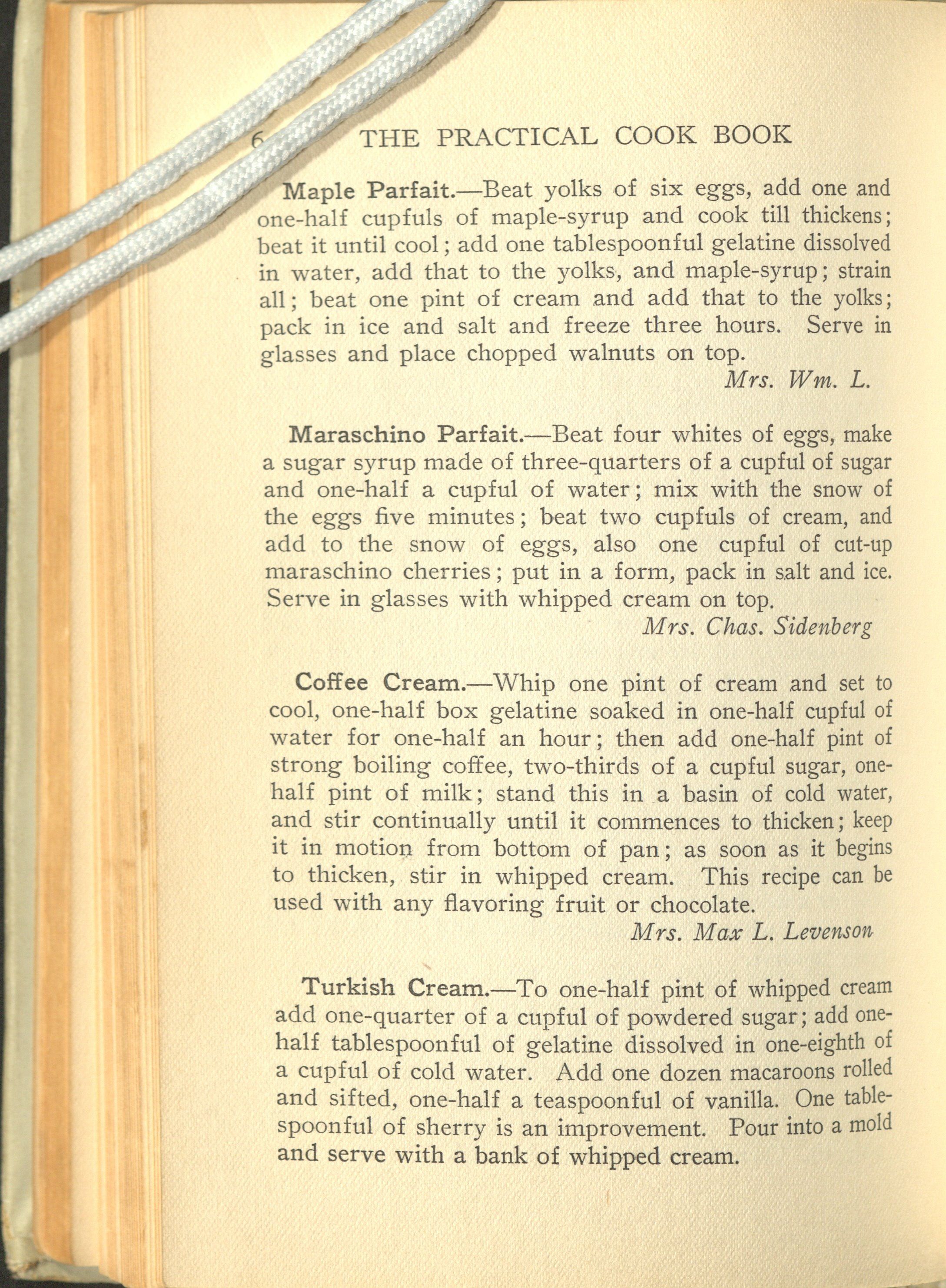 Page containing brief recipes in paragraph form for several deserts, including Maple Parfait and Turkish Cream. The latter appears to be a mix of whipped cream, gelatin, macaroons, and sherry. 