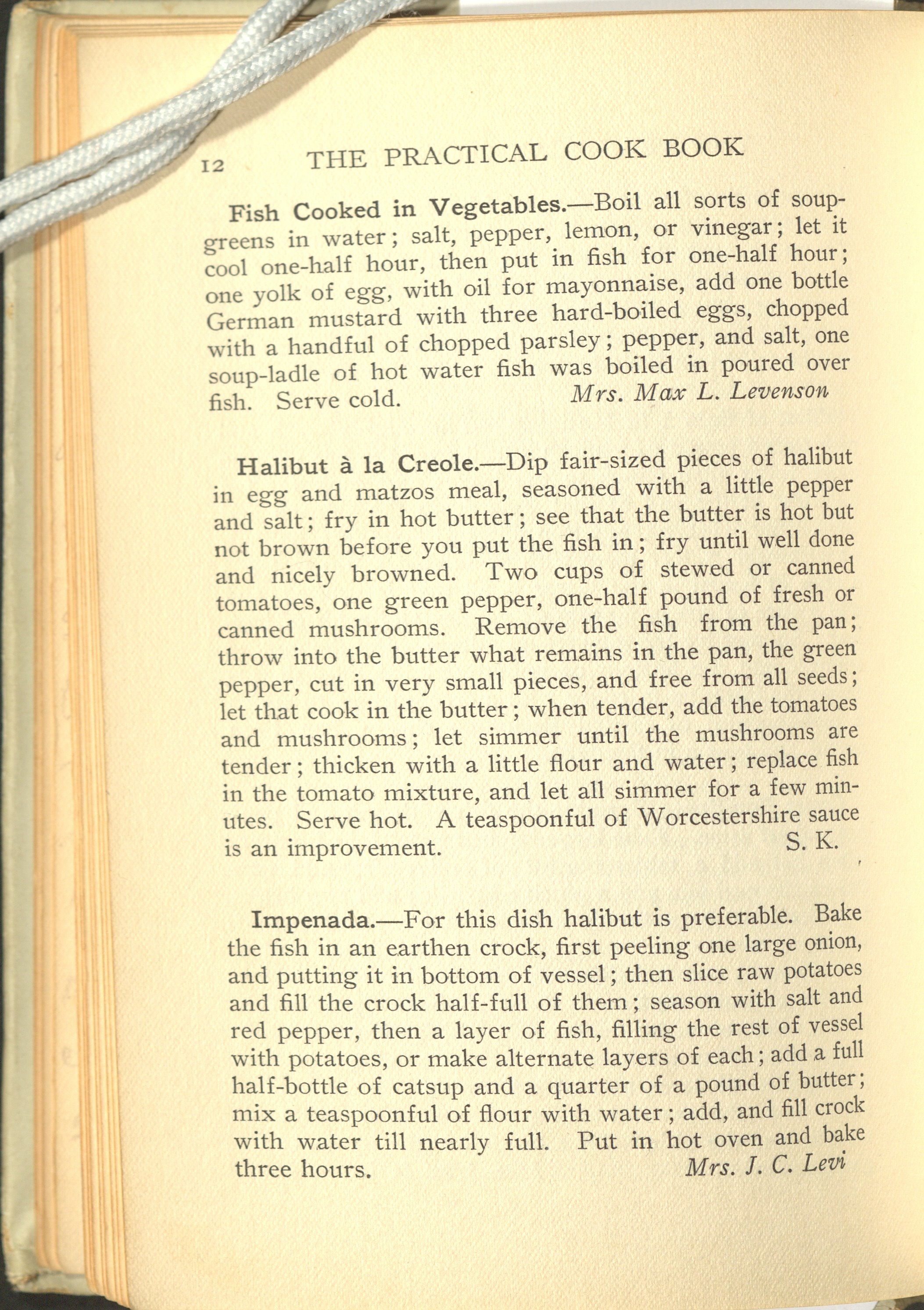 Page containing three recipes in paragraph form: Fish Cooked in Vegetables; Halibut a la Creole; and Impenada