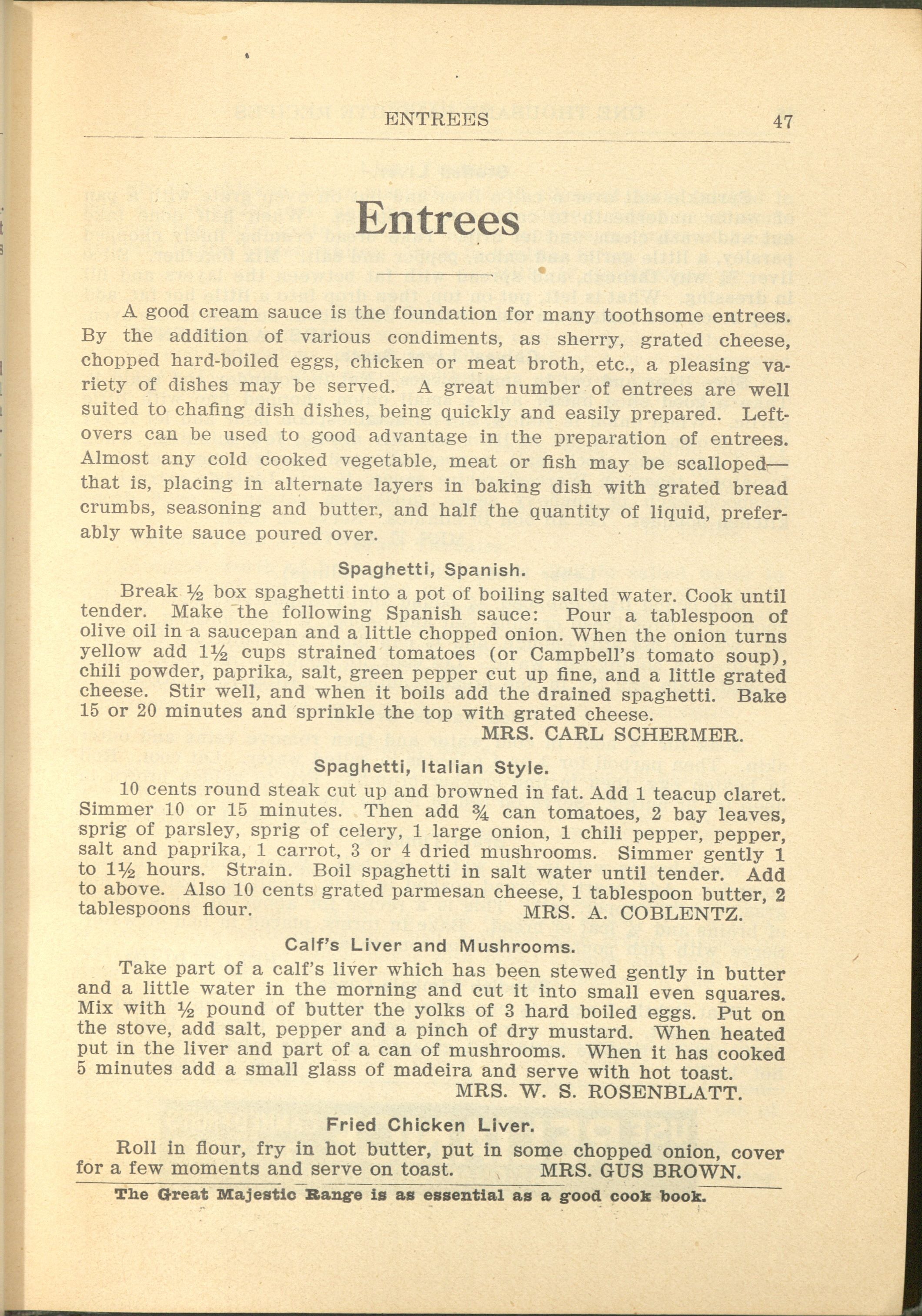 Page showing the first page of the chapter on Entrees, with recipes for Spaghetti, Spanish; Spaghetti, Italian Style, Calf's Liver and Mushrooms; and Fried Chicken Liver