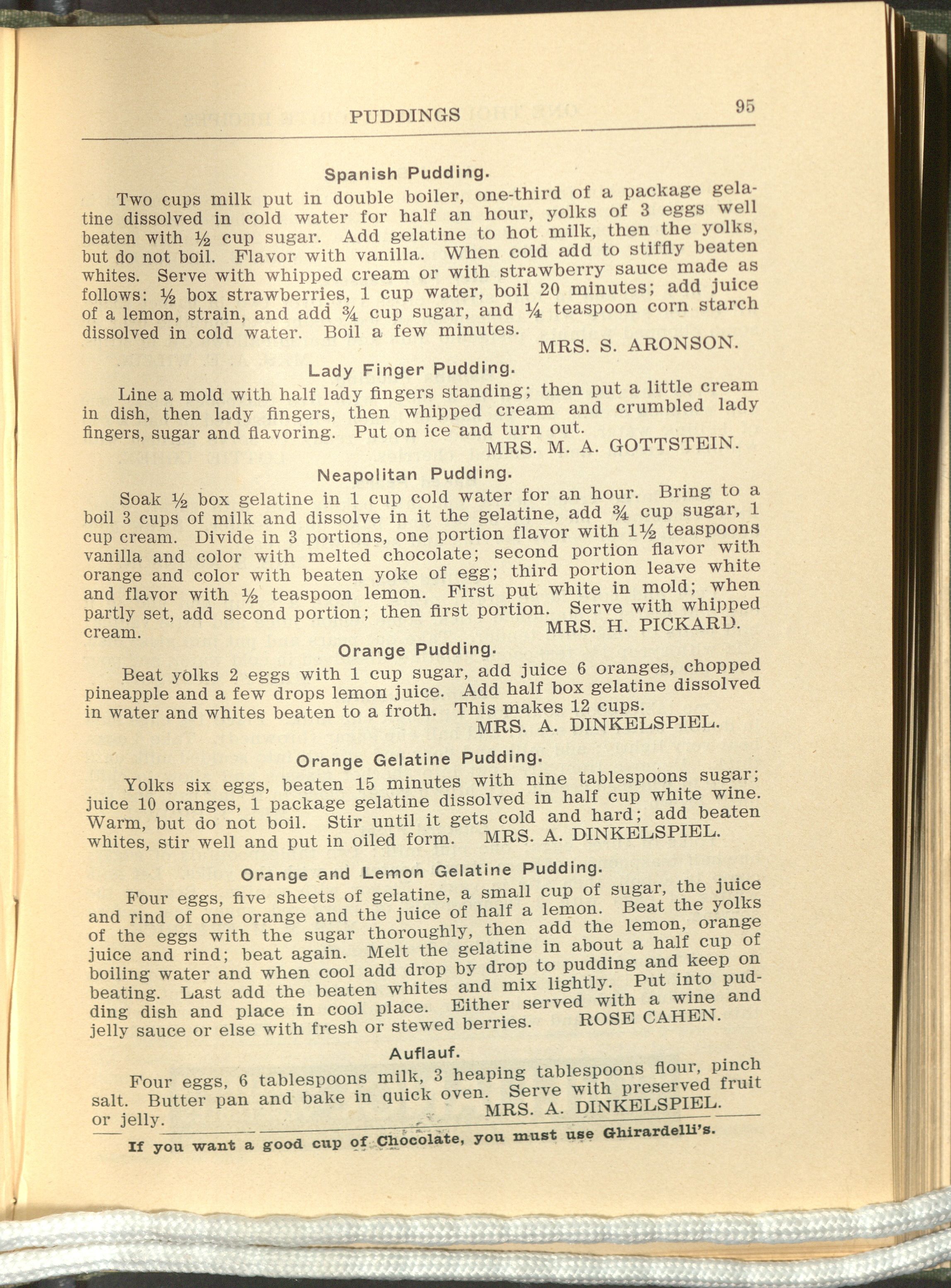 Page containing several brief recipes, paragraph-style for dishes including Spanish Pudding, Lady Finger Pudding, Neapolitan Pudding, and others. 