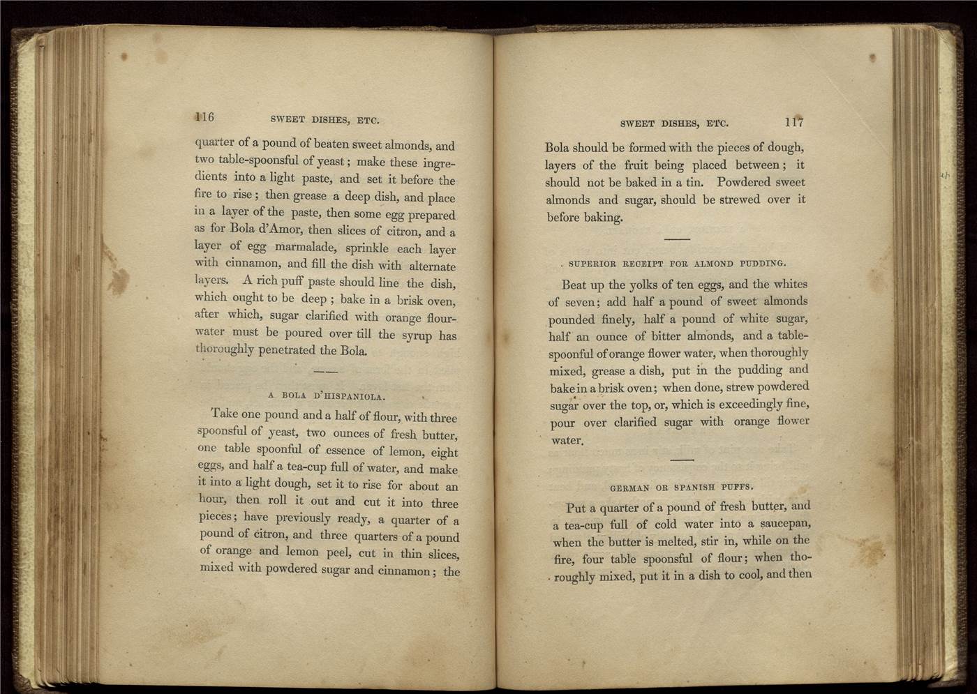 pagespread with chapter heading "Sweet Dishes, etc" showing recipe for Bola D'Hispaniola