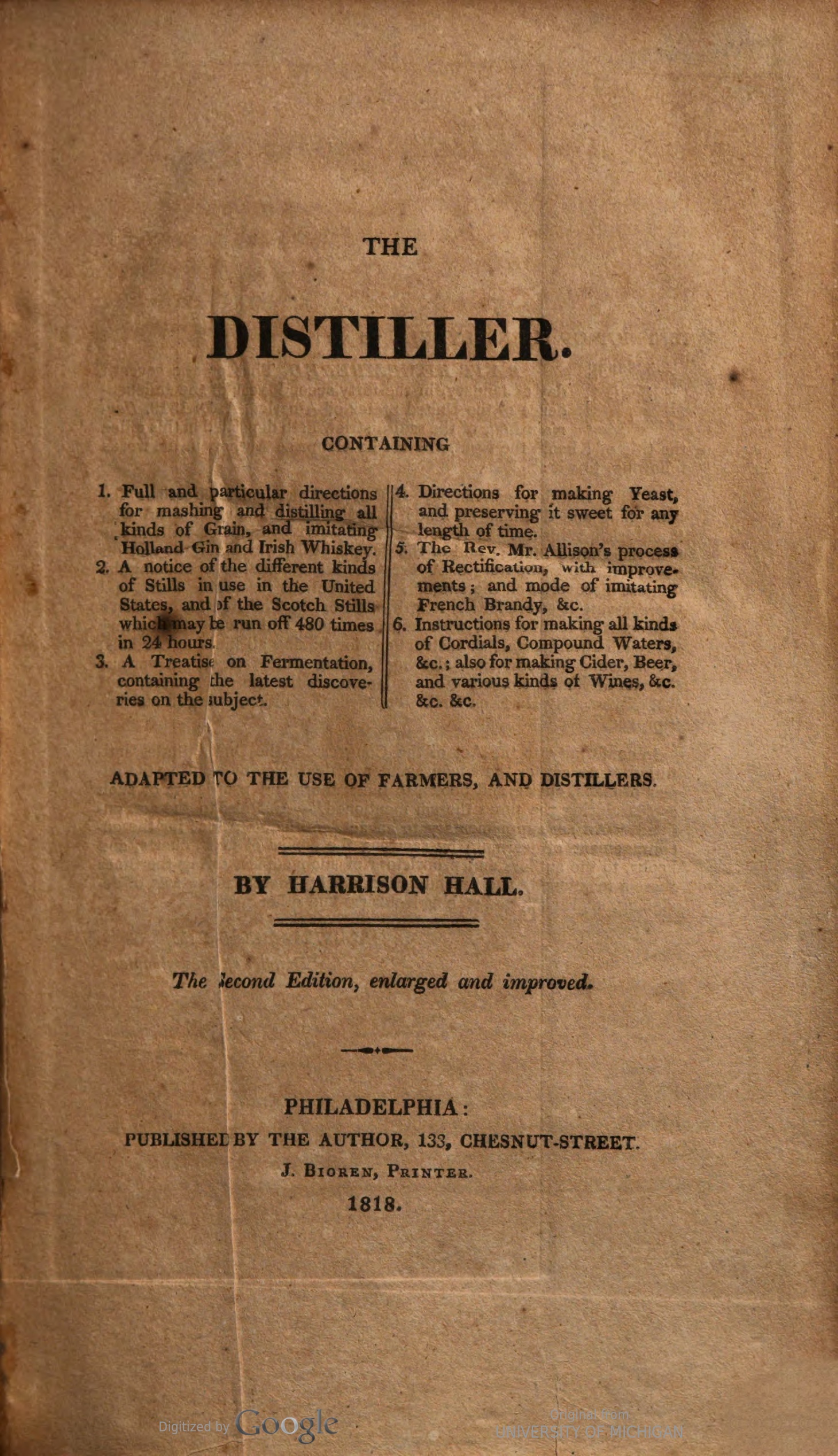 Title page of The Distiller, with black type on paper that has turned brown from age. 