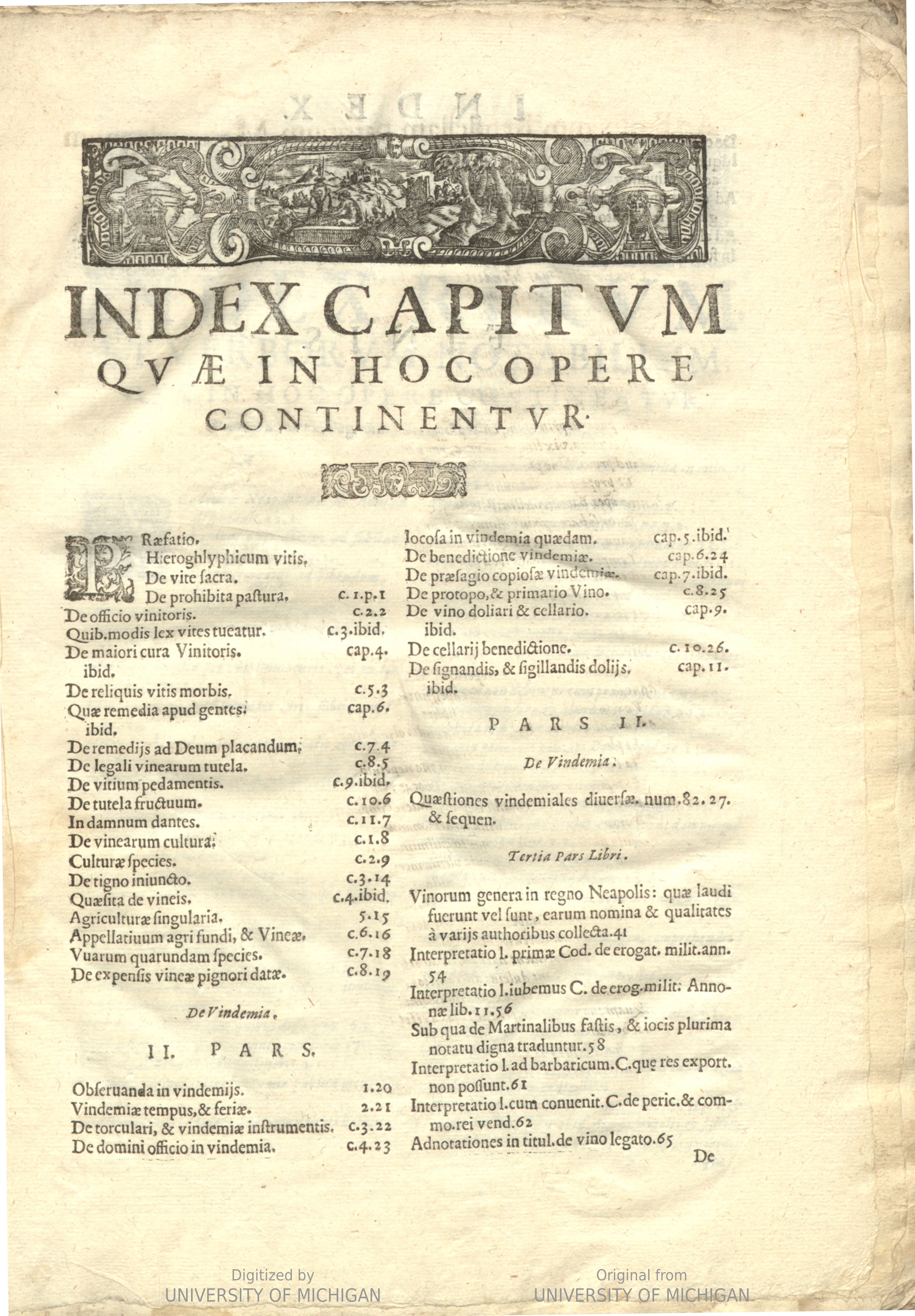 A page of an index or table of contents in two columns in Latin, relating to wine and viticulture