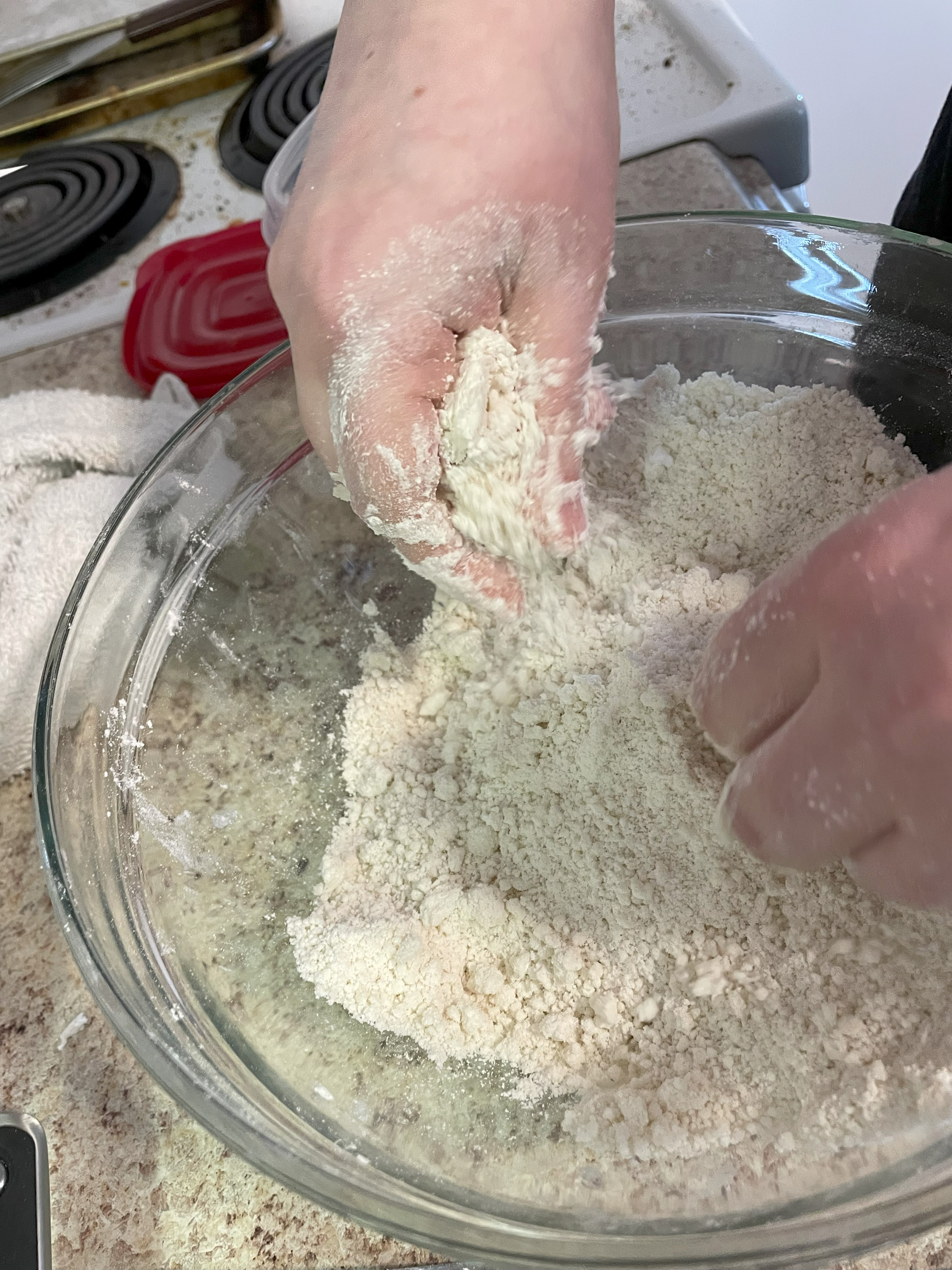 Hands cutting shortening into flour to make pie crust