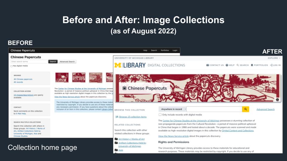 The original collection homepage included small thumbnail images, while the updated version has a large hero image.