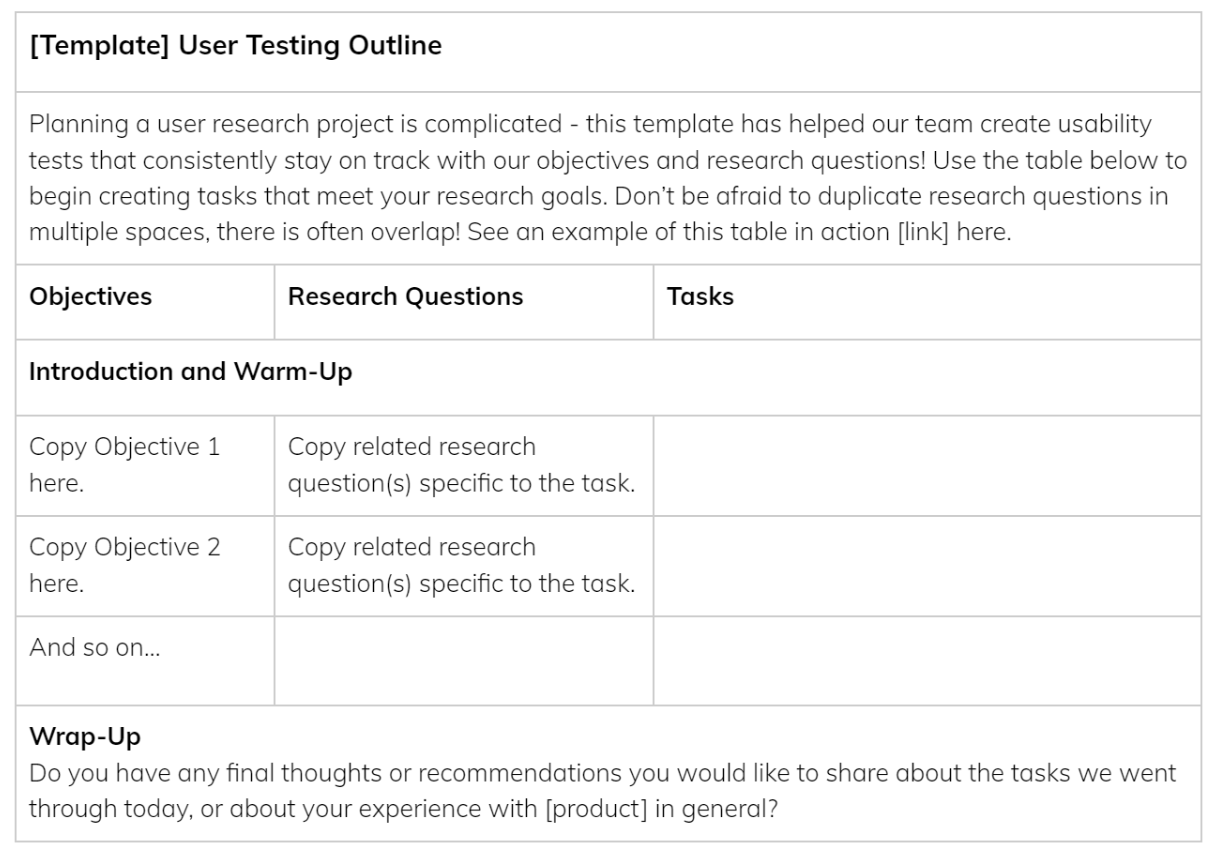 Figure B: Revised template for user testing outline