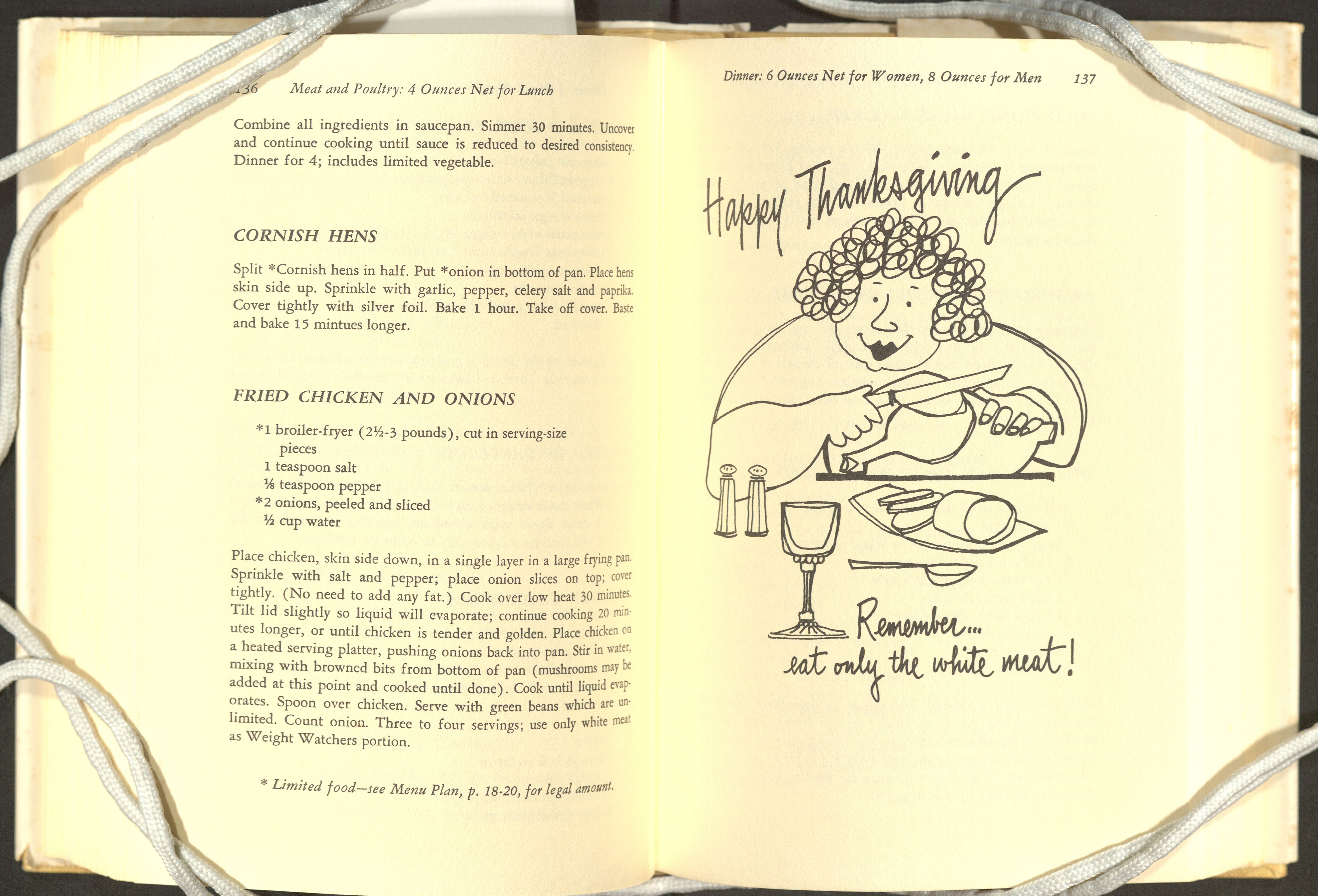 Pagespread from Weight Watcher's Cookbook, with a line drawing depicting a large woman at table below "Happy Thanksgiving"