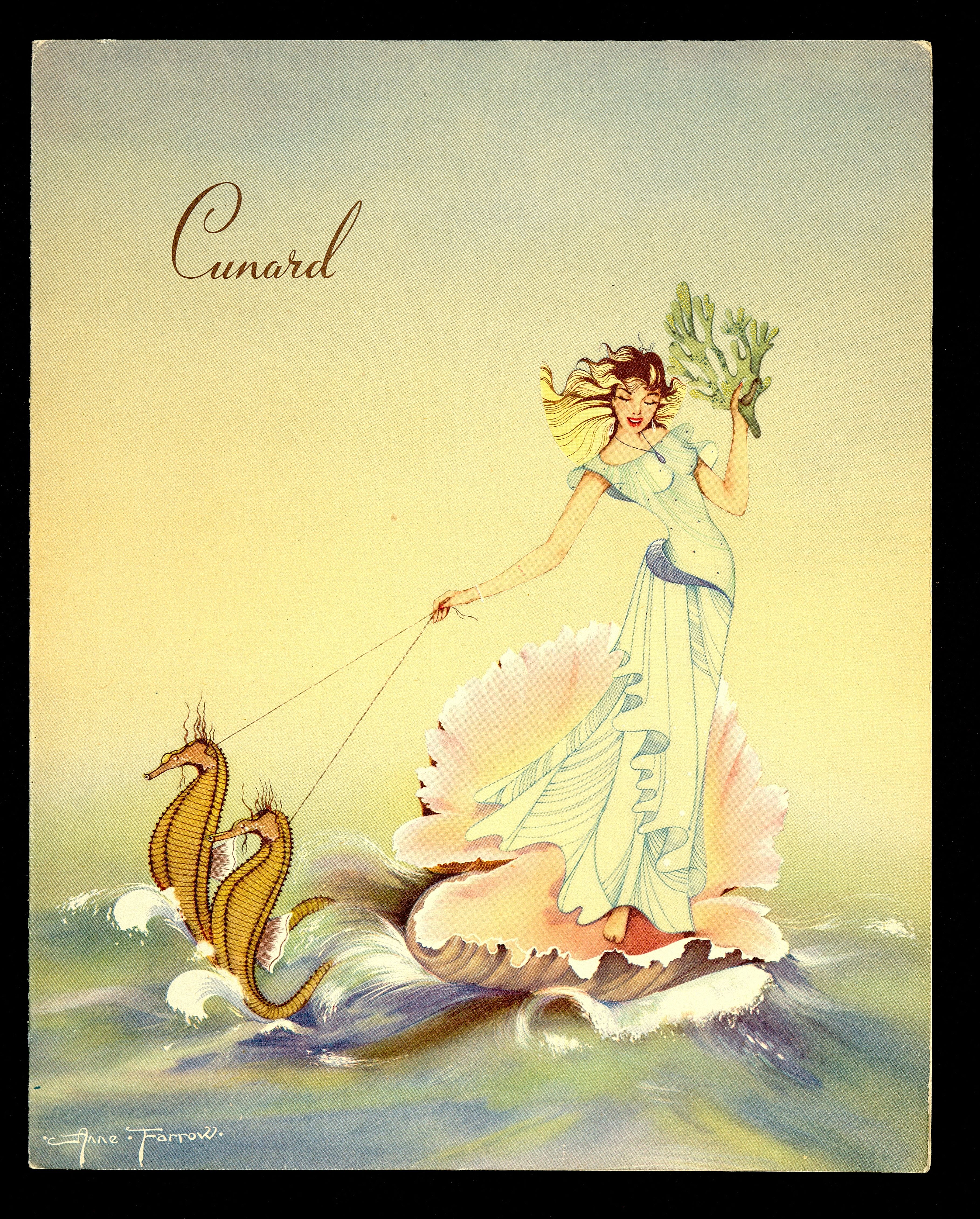 Cover of menu showing a woman in a vaguely Grecian white tunic riding a seashell pulled by two seahorses.
