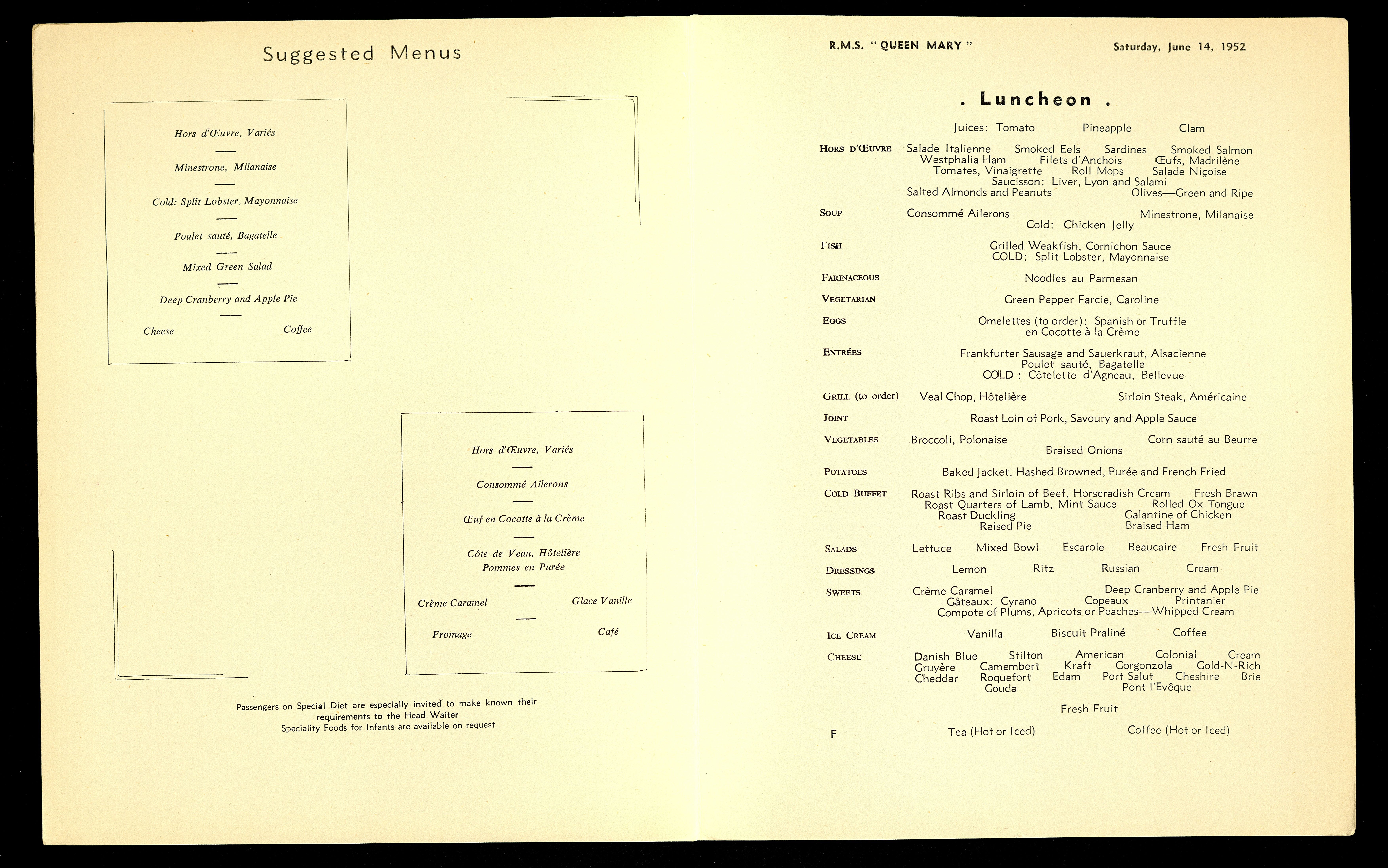 Interior pagespread of ship's menu, with offering such as minestrone, split lobster, poulet saute, mixed green salad, and deep cranberry and apple pie. 