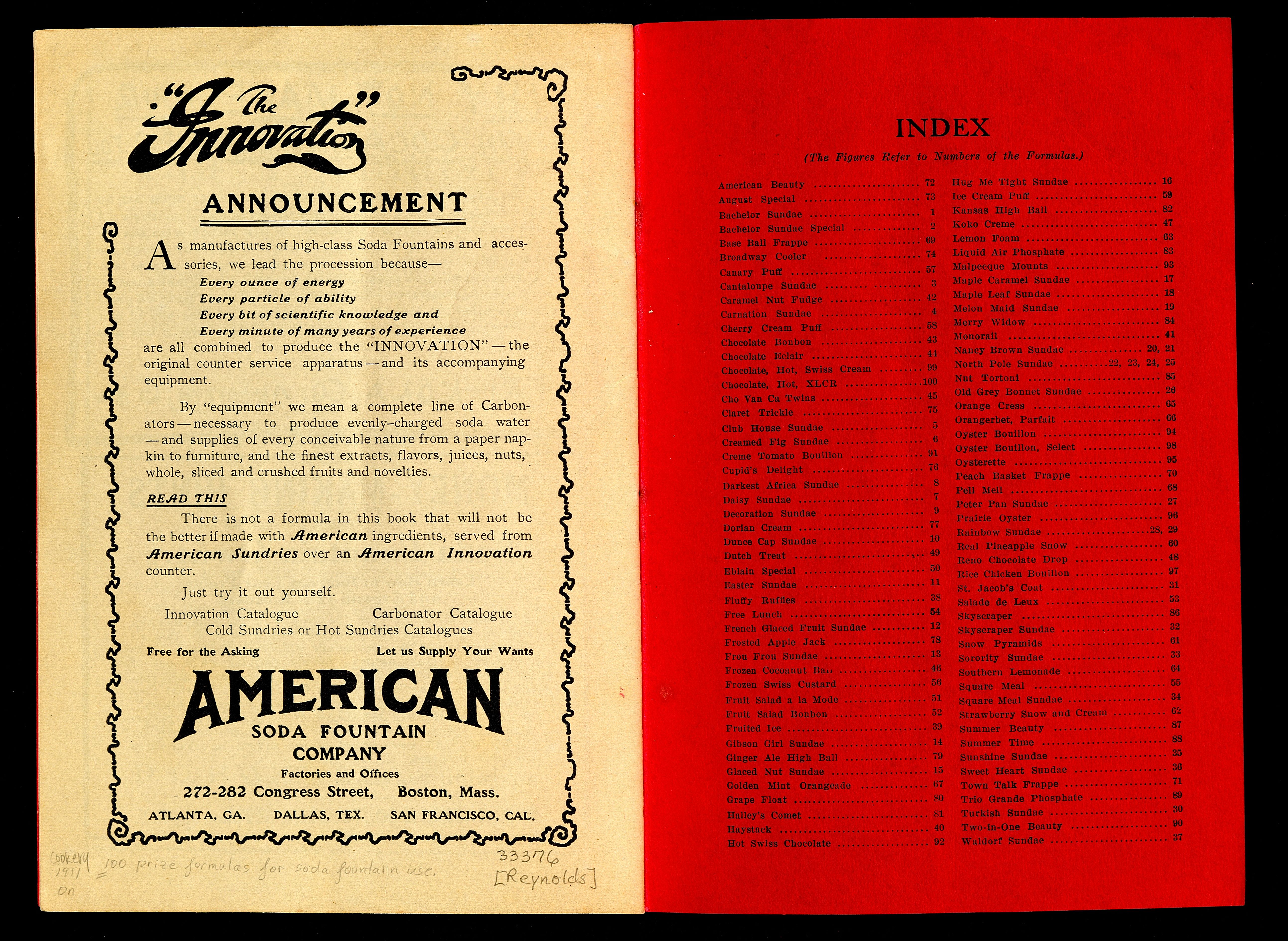 Last pagespread of the book of soda fountain recipes, with an ad for the American Soda Fountain Company and an index to recipes such as  American Beauty, Frosted Apple Jack, and Sweetheart Sundae