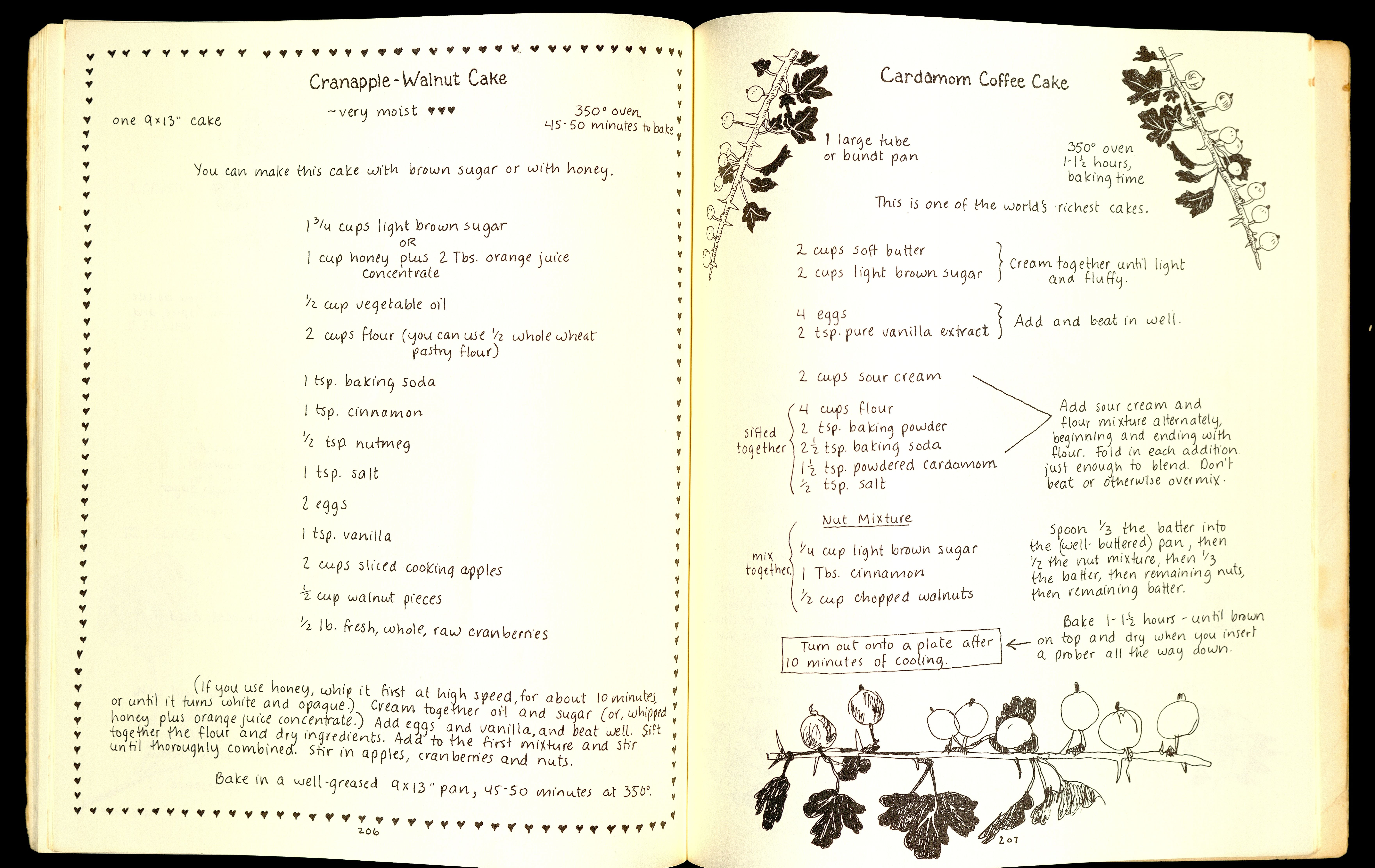 Pagespread of recipes from The Moosewood Cookbook for Cran-apple Walnut Cake and Cardamom Coffee Cake