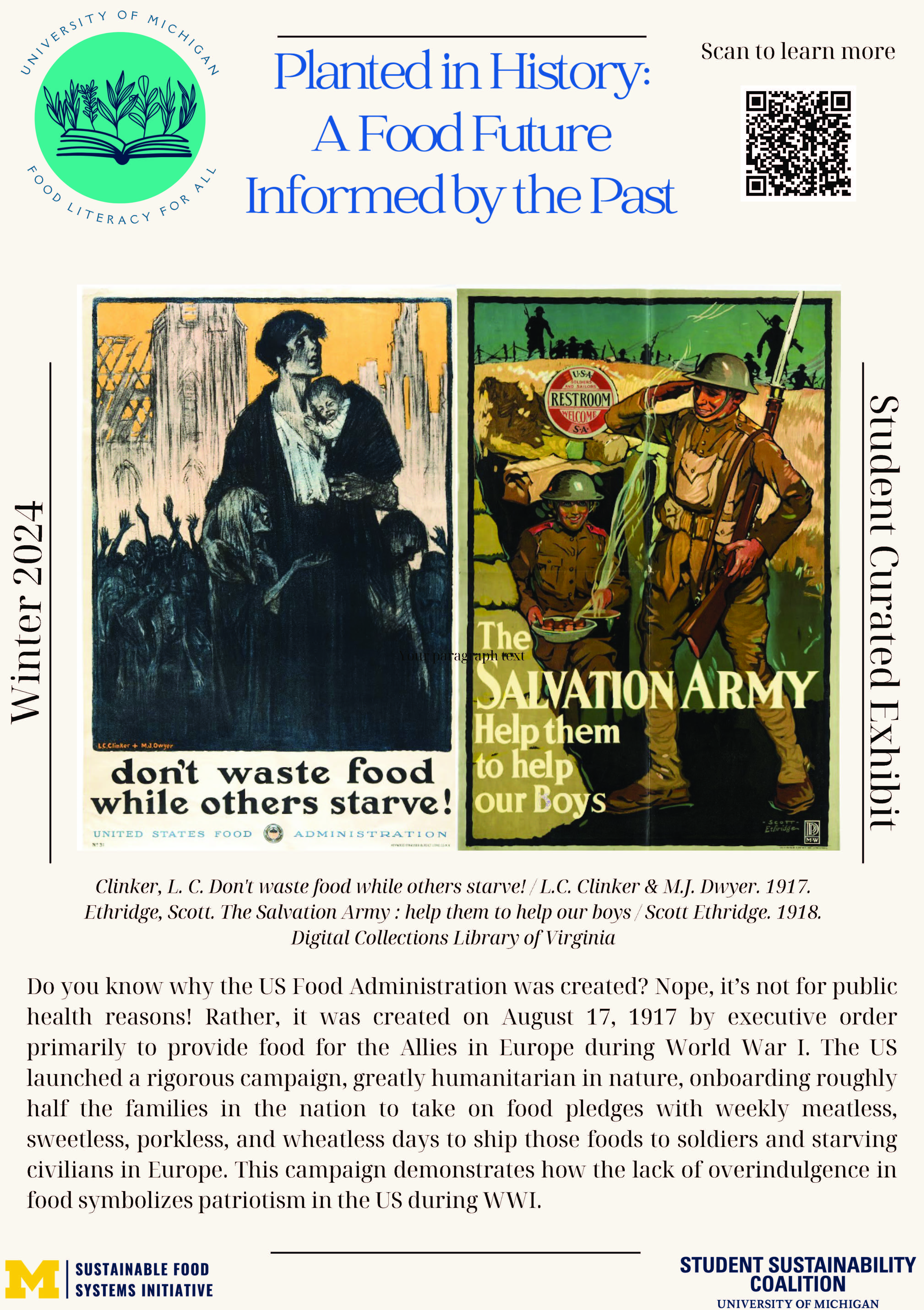 Poster showing the covers of two pamphlets: Don't Waste Food While Others Starve! (1917) showing an emaciated woman holding a crying infant, surrounded by skeletal children, and The Salvation Army: Help them to Help Our Boys (1918) showing two cheerful American soldiers,  from the Digital Collections of the Library of Virginia. The main text is included in the image caption. 