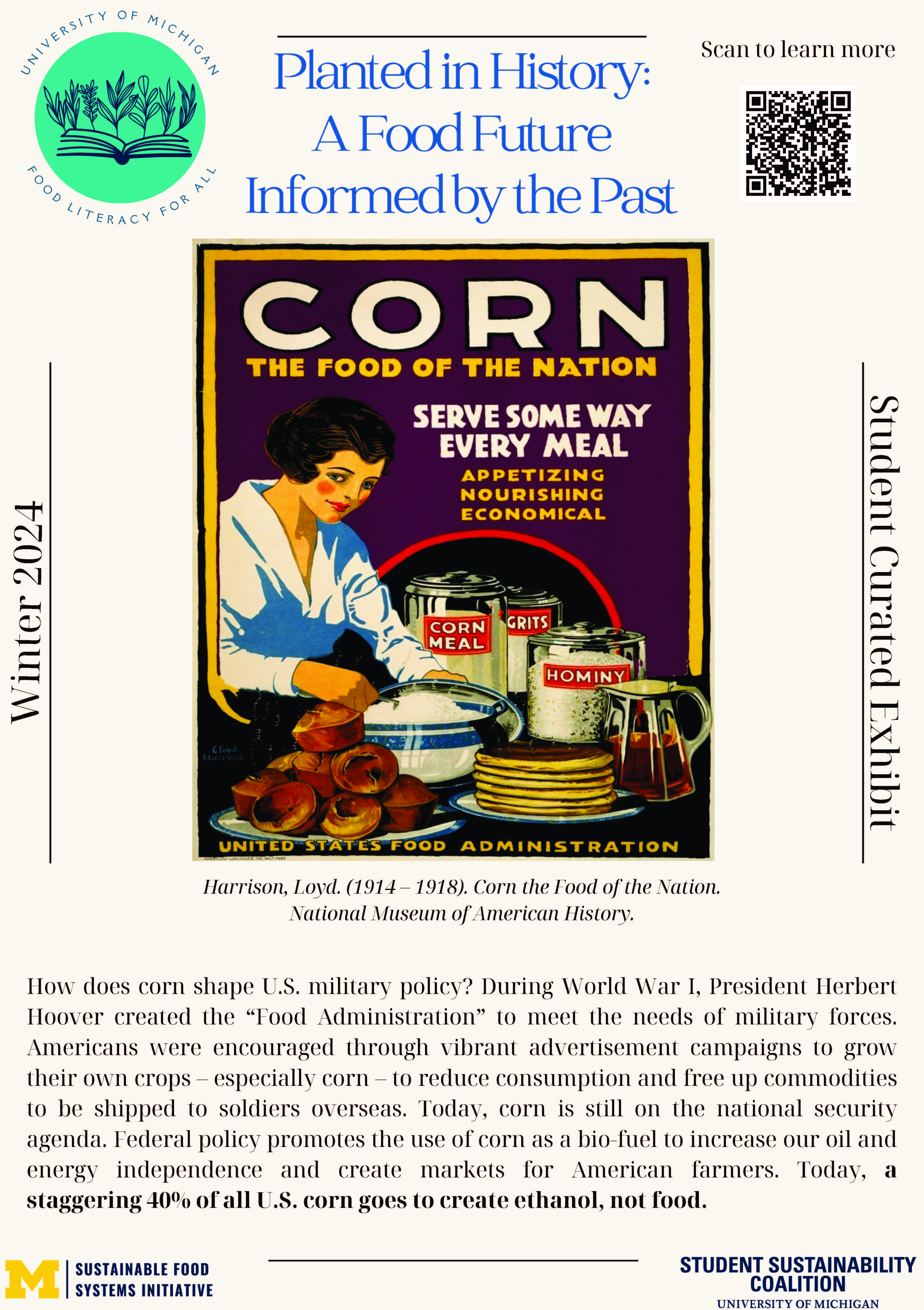 Poster highlighting the cover of a government publication titled "Corn, The Food of the Nation" (1914-1918), showing a dark-haired woman in a white blouse at a counter with pots of corn meal, grits, and hominy, as well as plates of pancakes. The main text is in the caption. 
