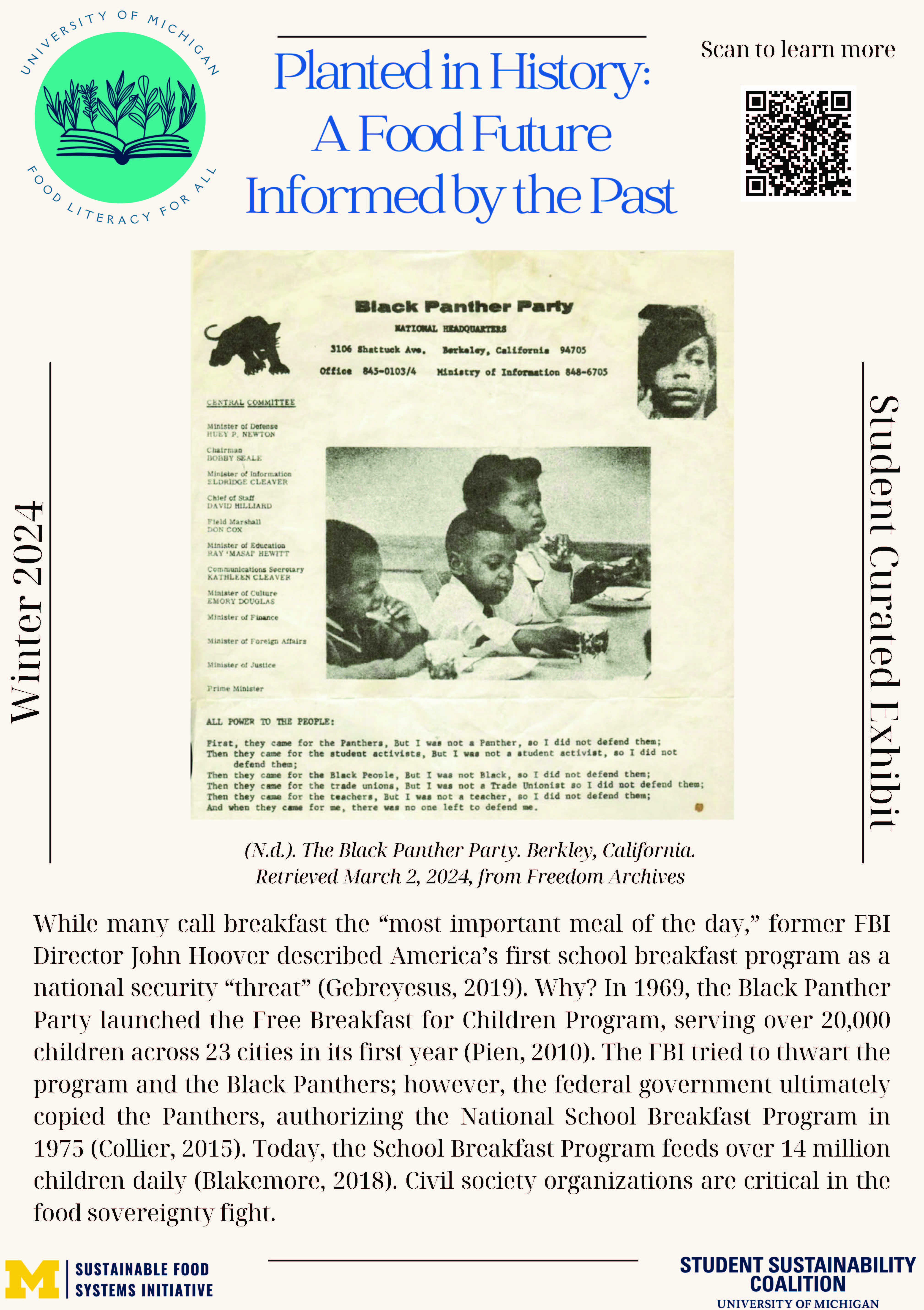 Poster highlighting a typed document from the Black Panther Party National Headquarters featuring a photograph of three black children enjoying breakfast, drawn from the Freedom Archives. Main text included in caption.