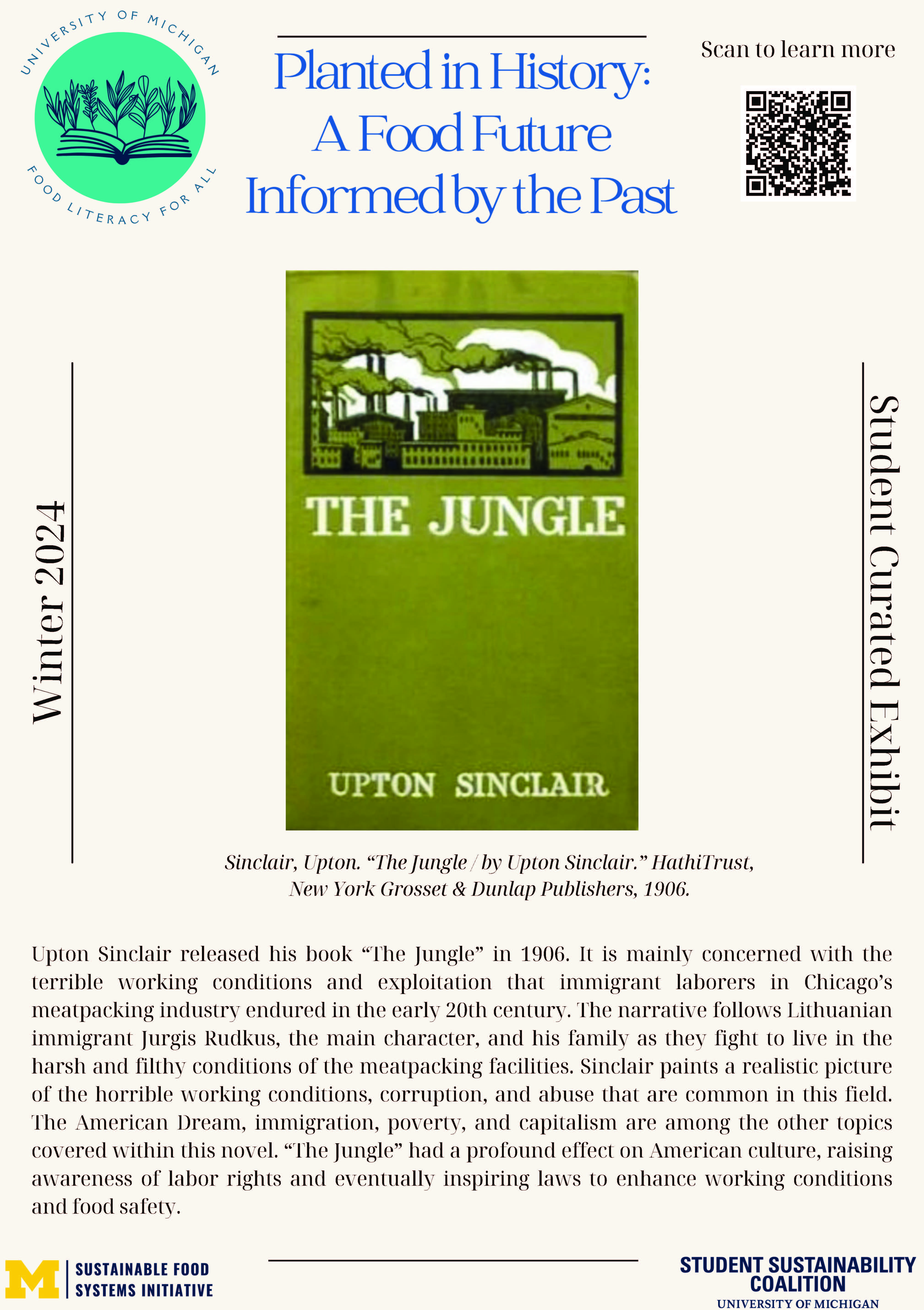 Poster highlighting the olive green cover of Upton Sinclair's The Jungle, showing an outline of factories (or meat-packing plants?) in green, black, and white) (1906). Main text in caption. 