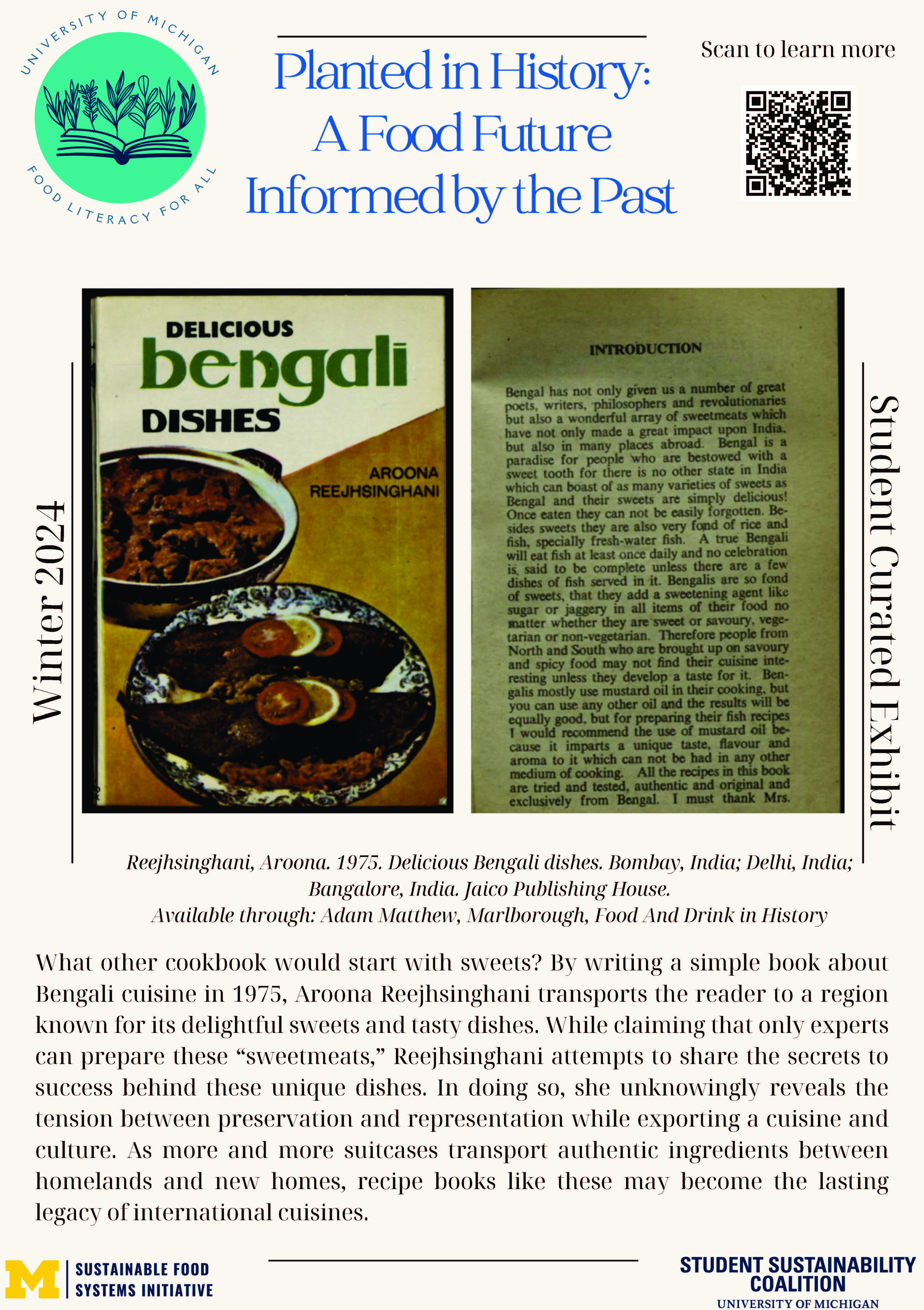 Poster highlighting the cover and introduction of Delicious Bengali Dishes (1975) by Aroona Reejhsinghani, showing some sort of dish garnished with tomatoes in front, and a stew in the background, from the Food and Drink in History database. Main text below. 