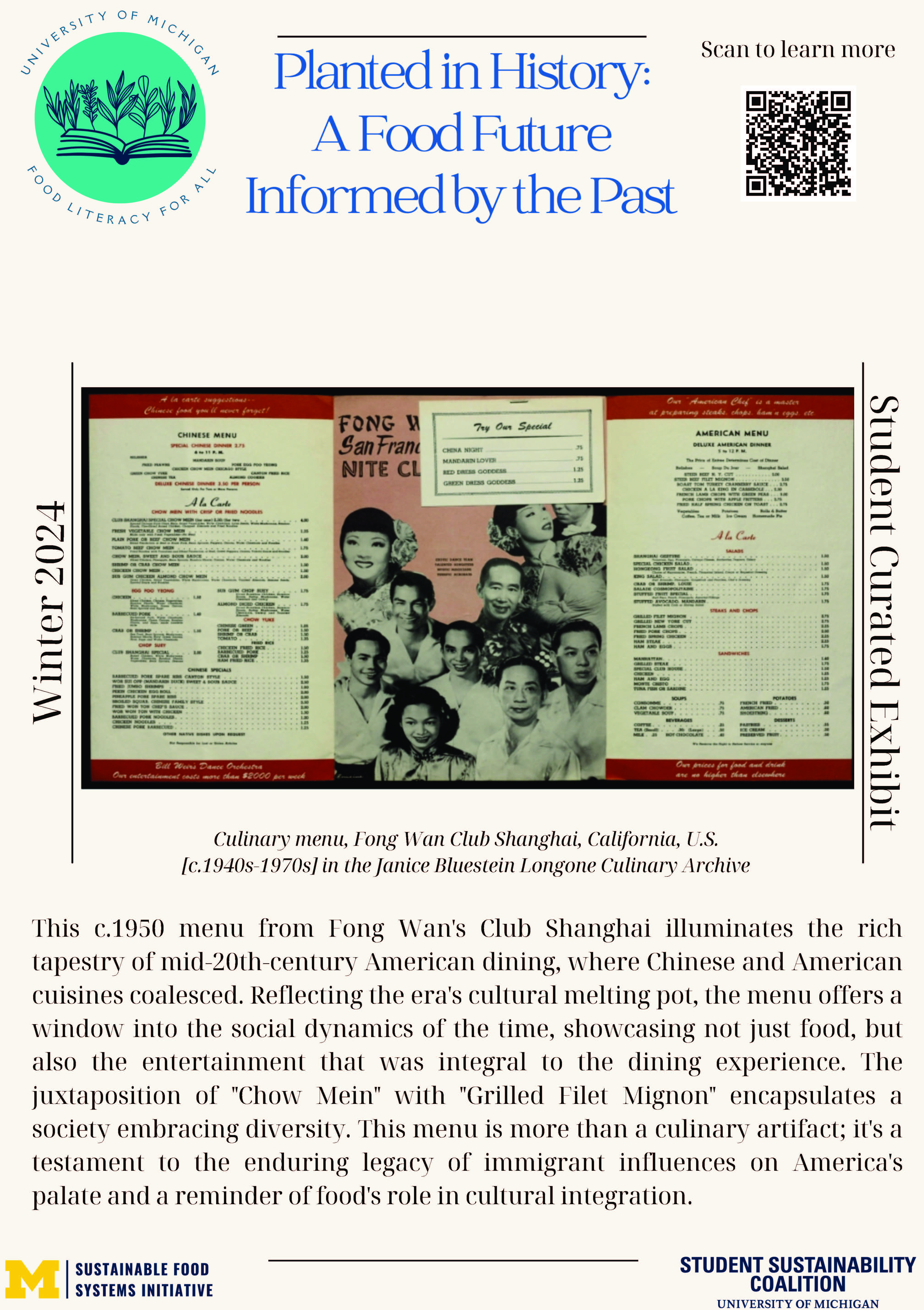 Poster highlighting a menu from the Fong Wan Club Shanghai in California (circa 1940s-1970s) from the Janice Bluestein Longone Culinary Archive. The cover of the menu shows a black and white photograph of group of glamourous-looking Asian men and women. Main text in caption. 