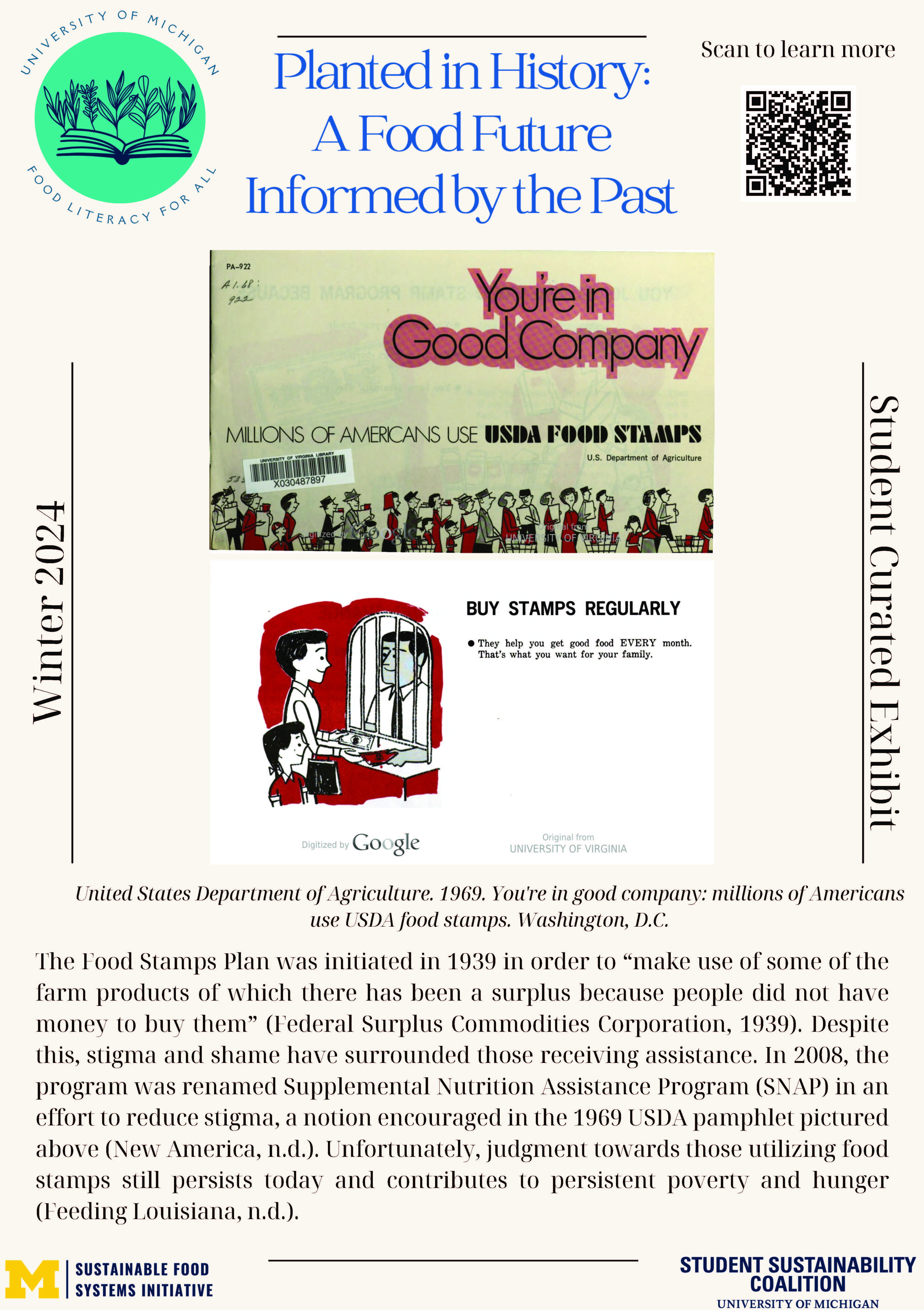 Poster highlighting a USDA publication "You're in Good Company: Millions of Americans use USDA food stamps"(1969) showing a cartoon sketch of a owman and young girl receiving red tickets from a man behind a counter, and many people in line with grocery carts, original from the University of Virginia. Main text in caption. 