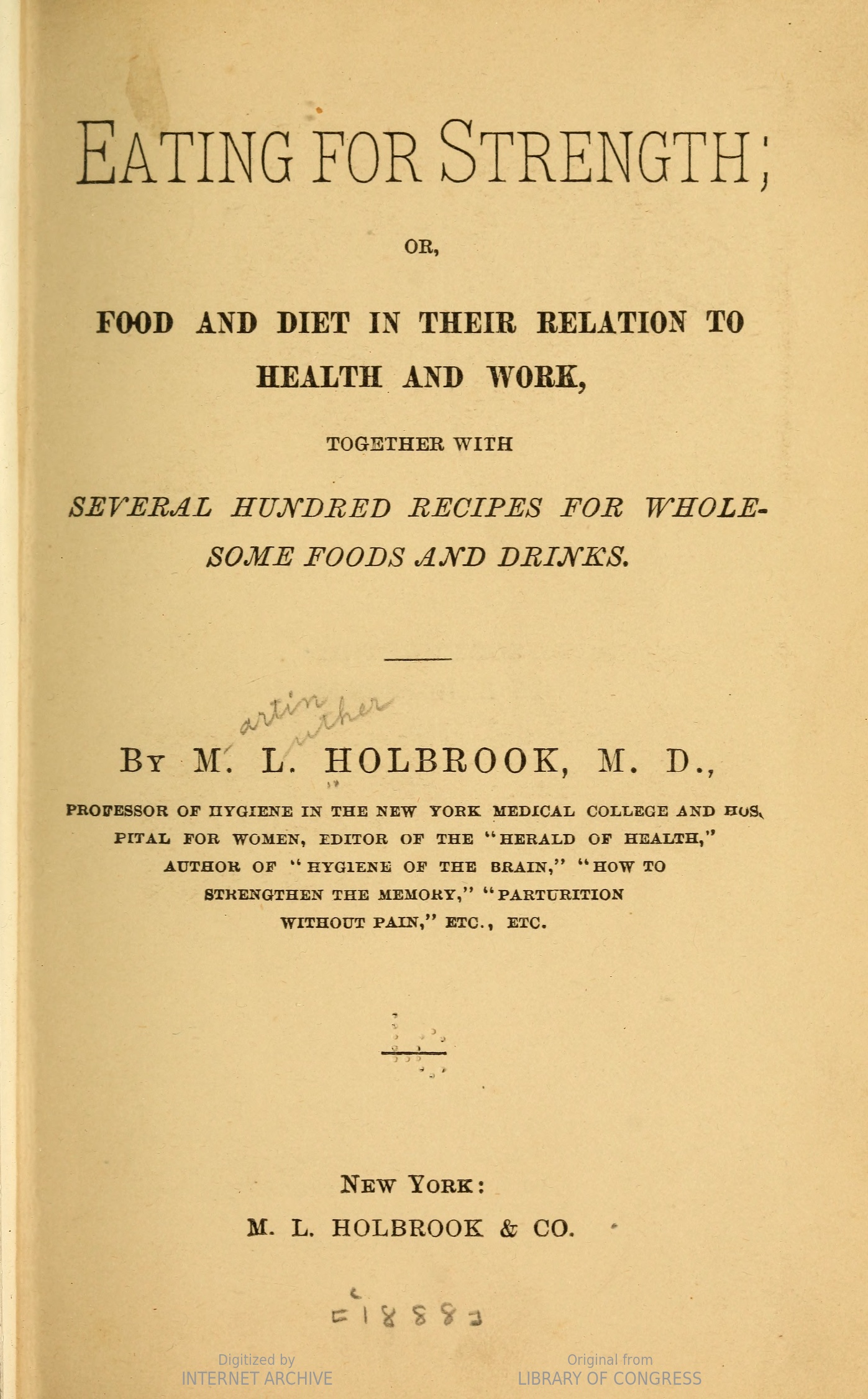 Title page of Eating for Strength. Black typeface on yellowed paper. 