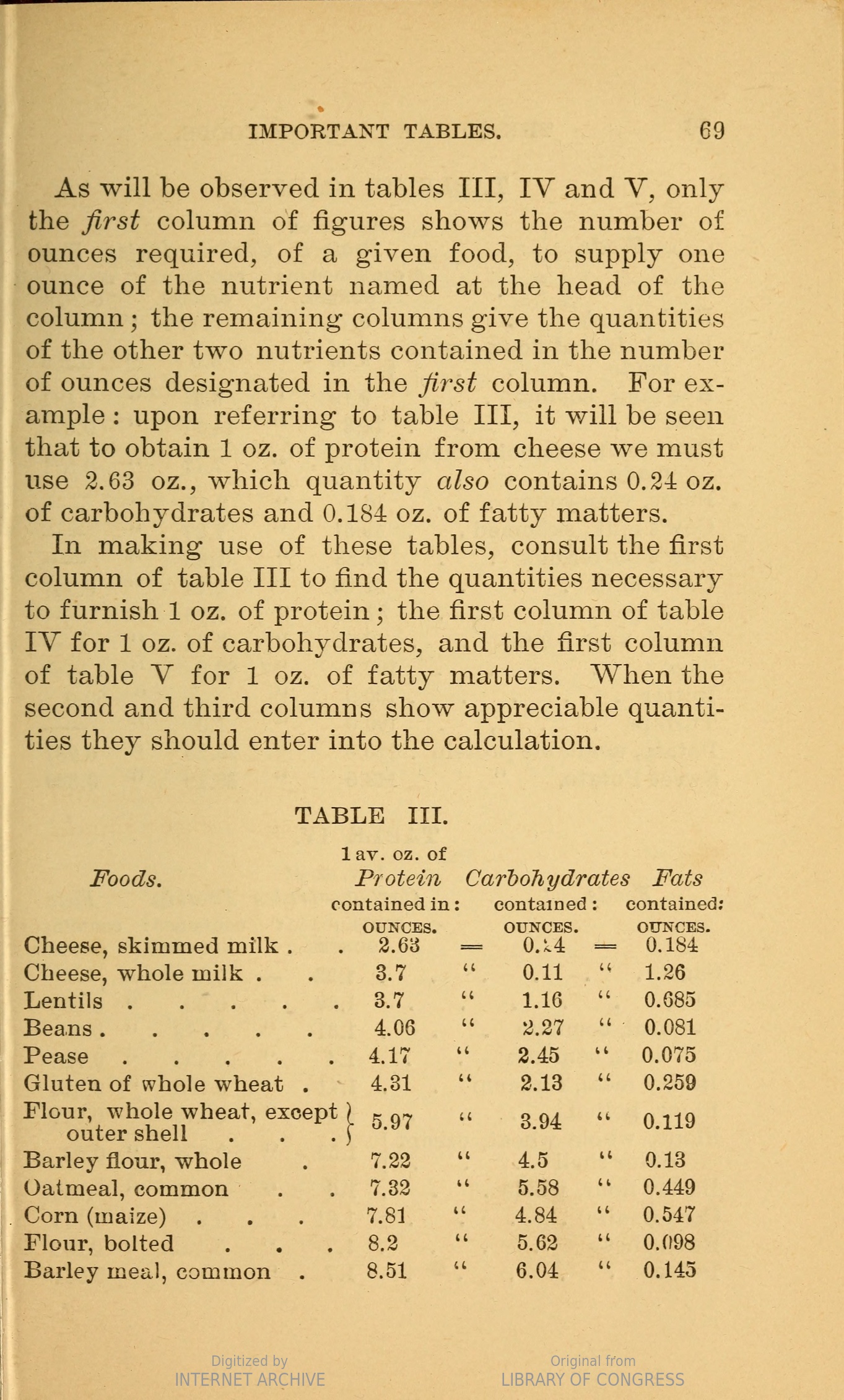 Page showing a table of carbohydrates, protein, and fats in various foodstuffs, such as cheese, lentils, and flour.