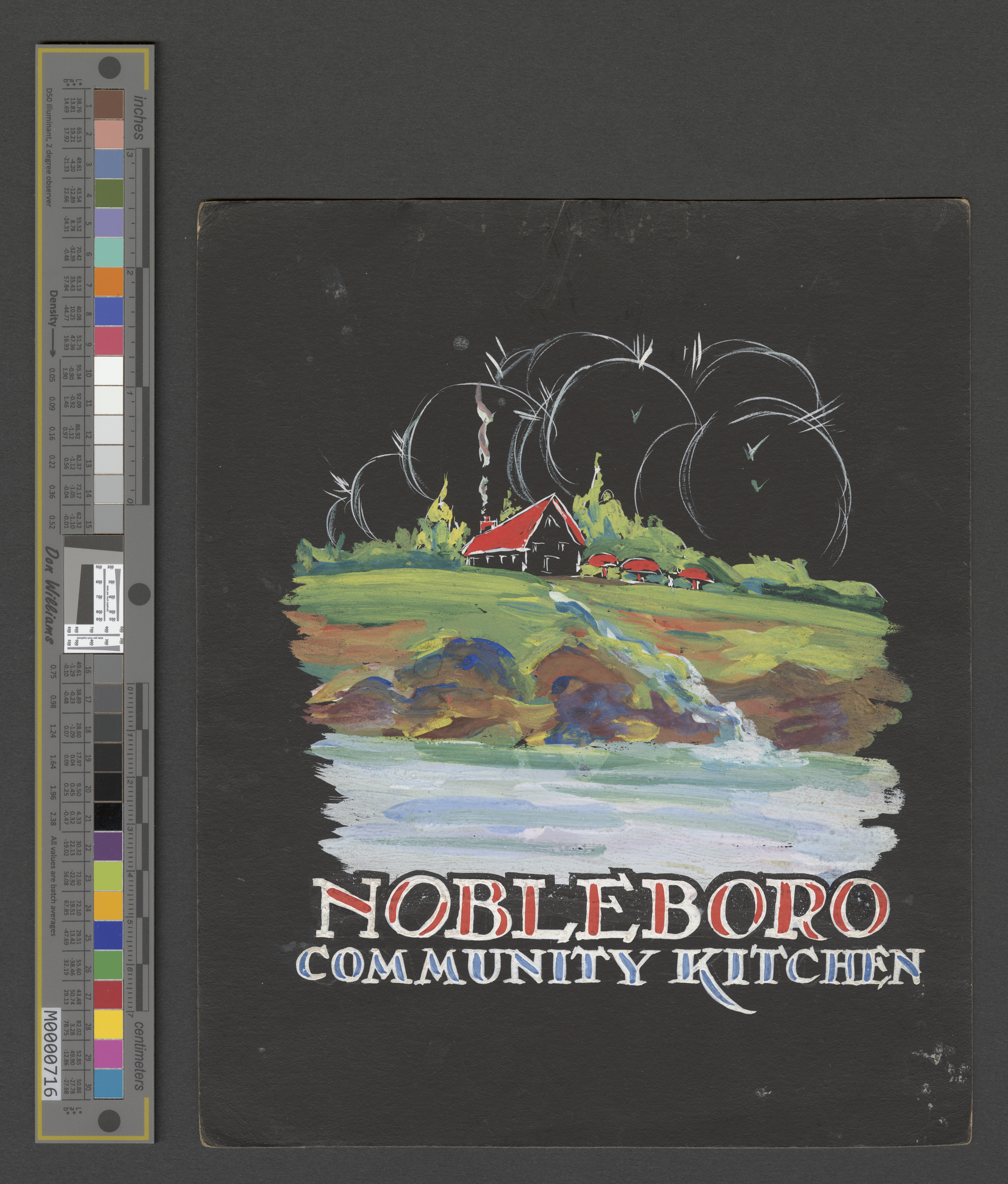 Cover of a menu for the Nobleboro Community Kitchen. Black with a colorful picture of the countryside with green hills behind blue water. 