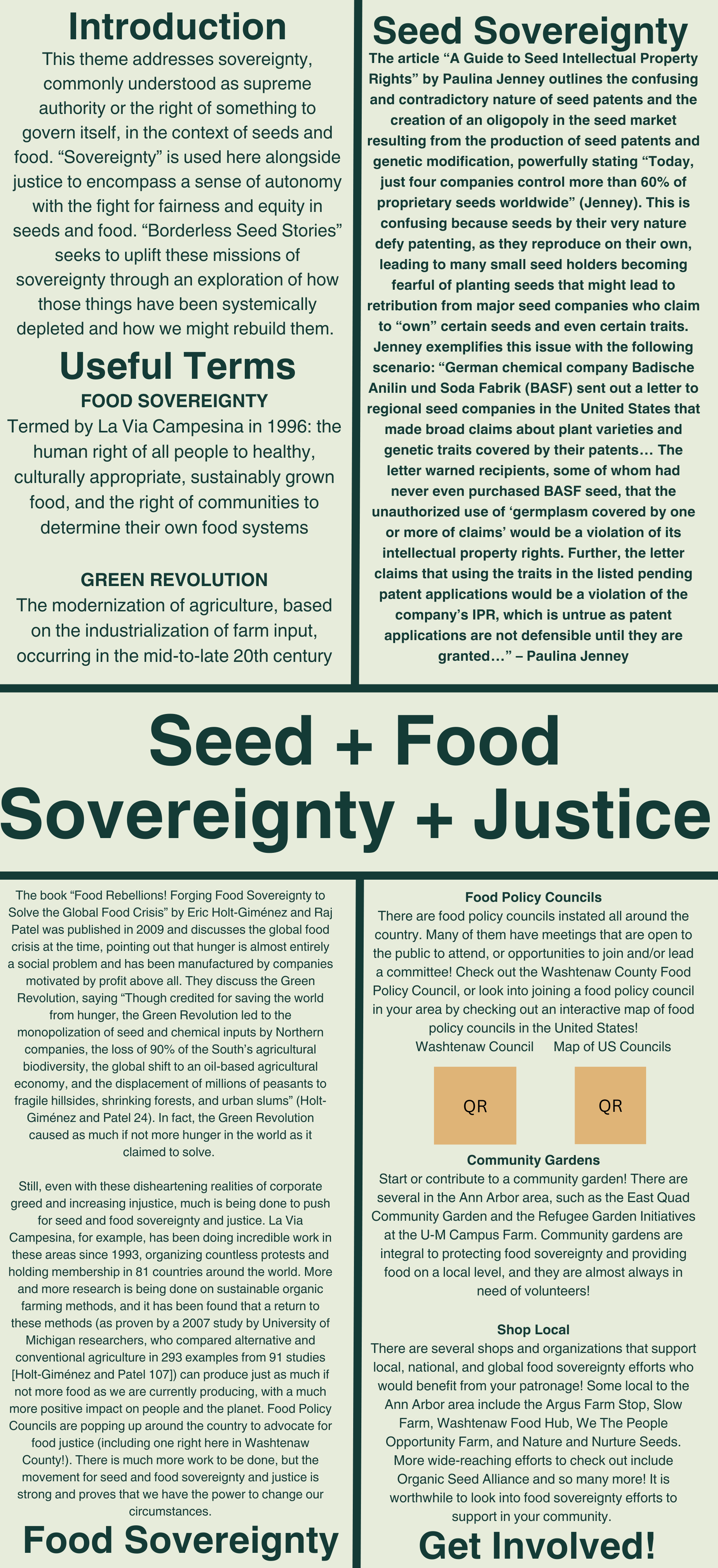 A light green panel with text exploring "Seed + Food Sovereignty + Justice."