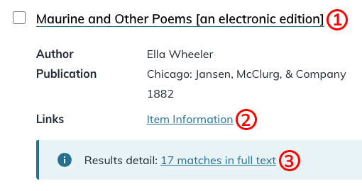 Screenshot of a search result in the American Verse Digital Collection from the University of Michigan Library for the word "moon" with the numbers 1, 2, and 3 annotating three links present in the search result.