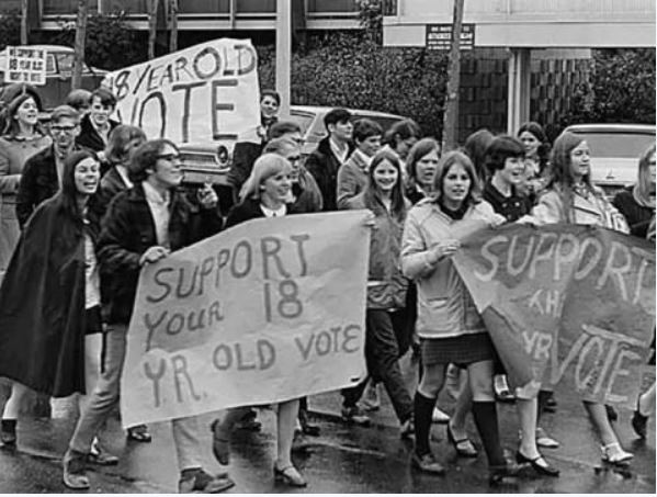 Demonstrators calling for support to lower voting age (source: Reagan Library)