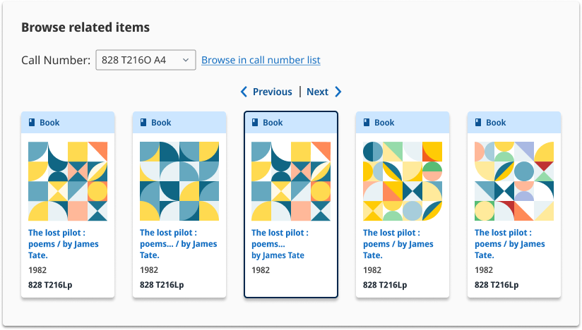 The initial design for a shelf card, showing a geometric image and basic metadata for each of the 5 books shown.