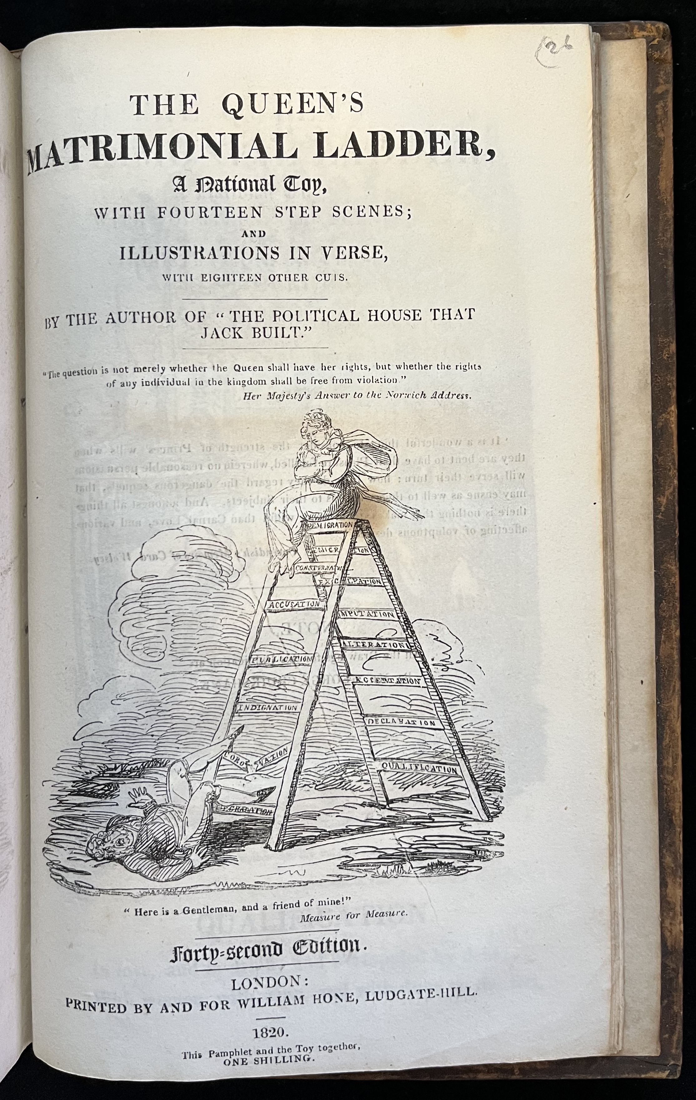 Woodcut representing a ladder with the Queen sitting on top. Each step of the ladder is labeled with a grievance suffered by the Queen.