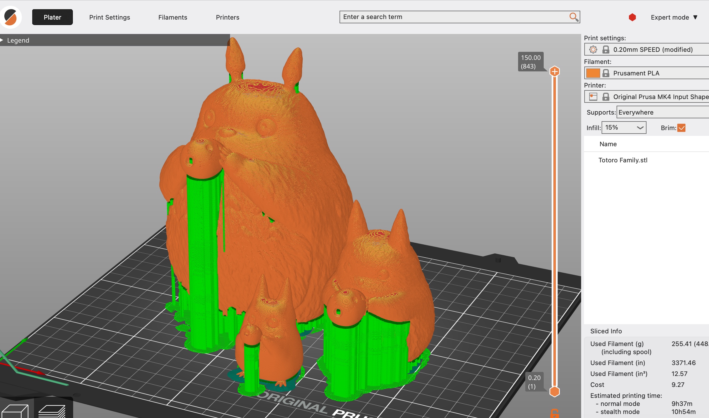 Screenshot of 3d modeled Totoro figurines in 3d slicing application PrusaSlicer